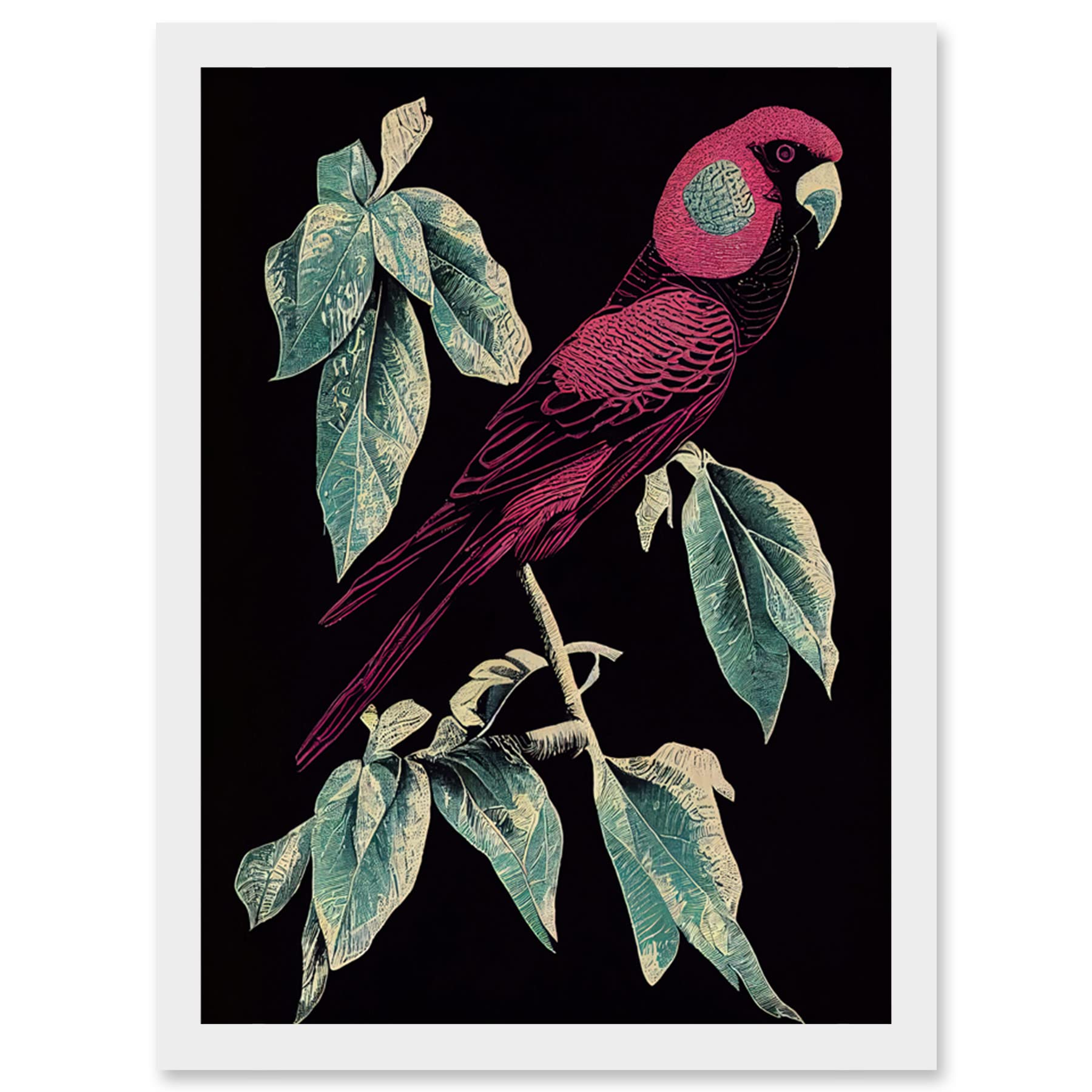 Burgundy Parakeet Framed Wall Art Print A4 - Retro Modern Vintage Tropical Jungle Artwork - Artery8