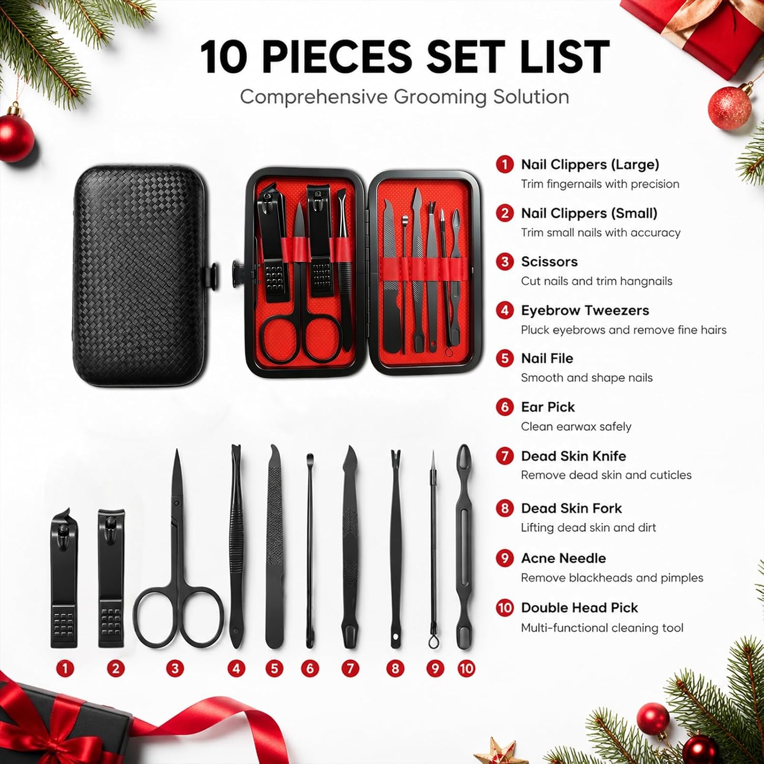 10-Pc Manicure Grooming Kit with Travel Case, Christmas Gift | 10-pc easy-grip nail clipper kit for sharp fingernail and toenail trimming, packed in a travel case