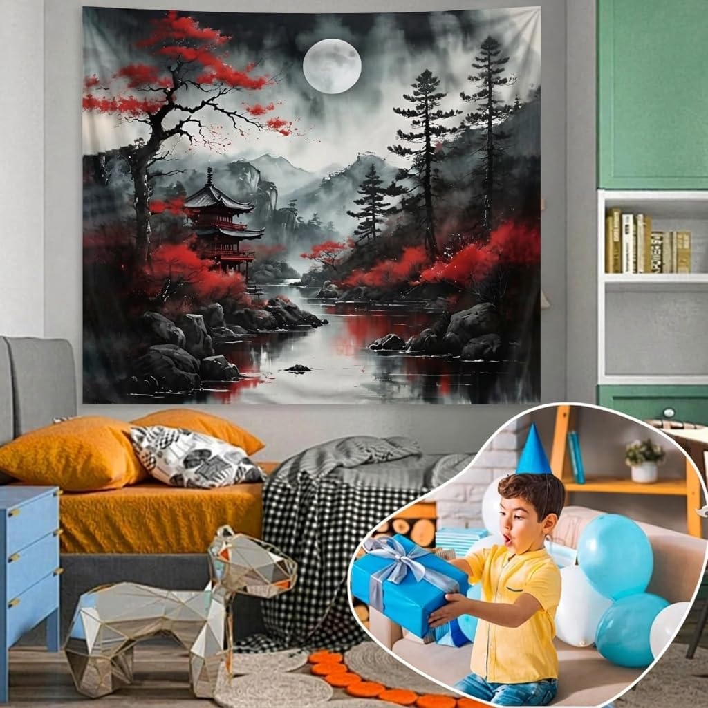 Atrippy Extra Large Anime Wall Tapestry for Bedroom Aesthetic, Black Forest Japanese Moon Tapestry Wall Hanging, Vintage Nature Mountain Art Decor Tapestries Dark Landscape Backdrop for Living Room 71"X90"