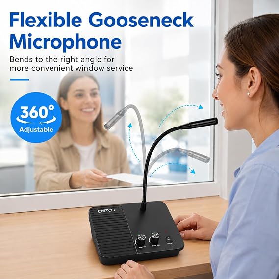 CallToU Window Speaker Intercom System, 2 Way Counter Intercom | Two-way voice, mute button, inner/outer volume knobs, anti-howling circuit, outside speaker, Outer jack