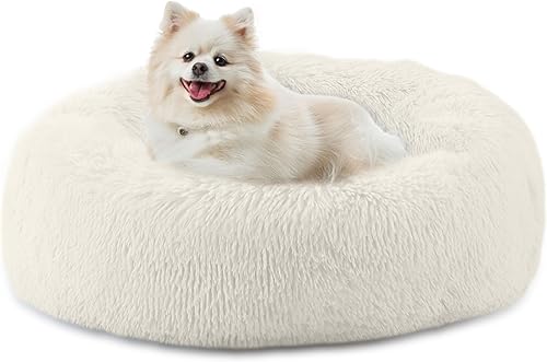 Miniatura 13 de Cama calmante para perros de 23 pulgadas, cama de felpa antiansiedad en forma de dona para perros pequeños, cálida, suave, linda, redonda, lavable,