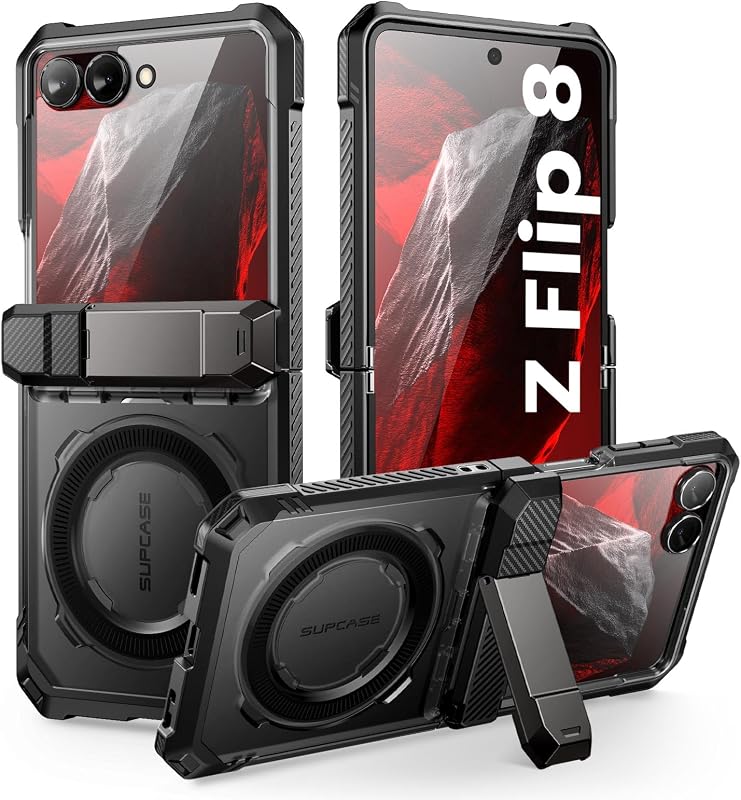 SUPCASE for Samsung Galaxy Z Flip 8 Case with Built-in Kickstand, Black | Front Screen Protector, Translucent PC Backplate, Hinge Protection, Support MagSafe, Strong Magnetic, Unicorn Beetle Grip