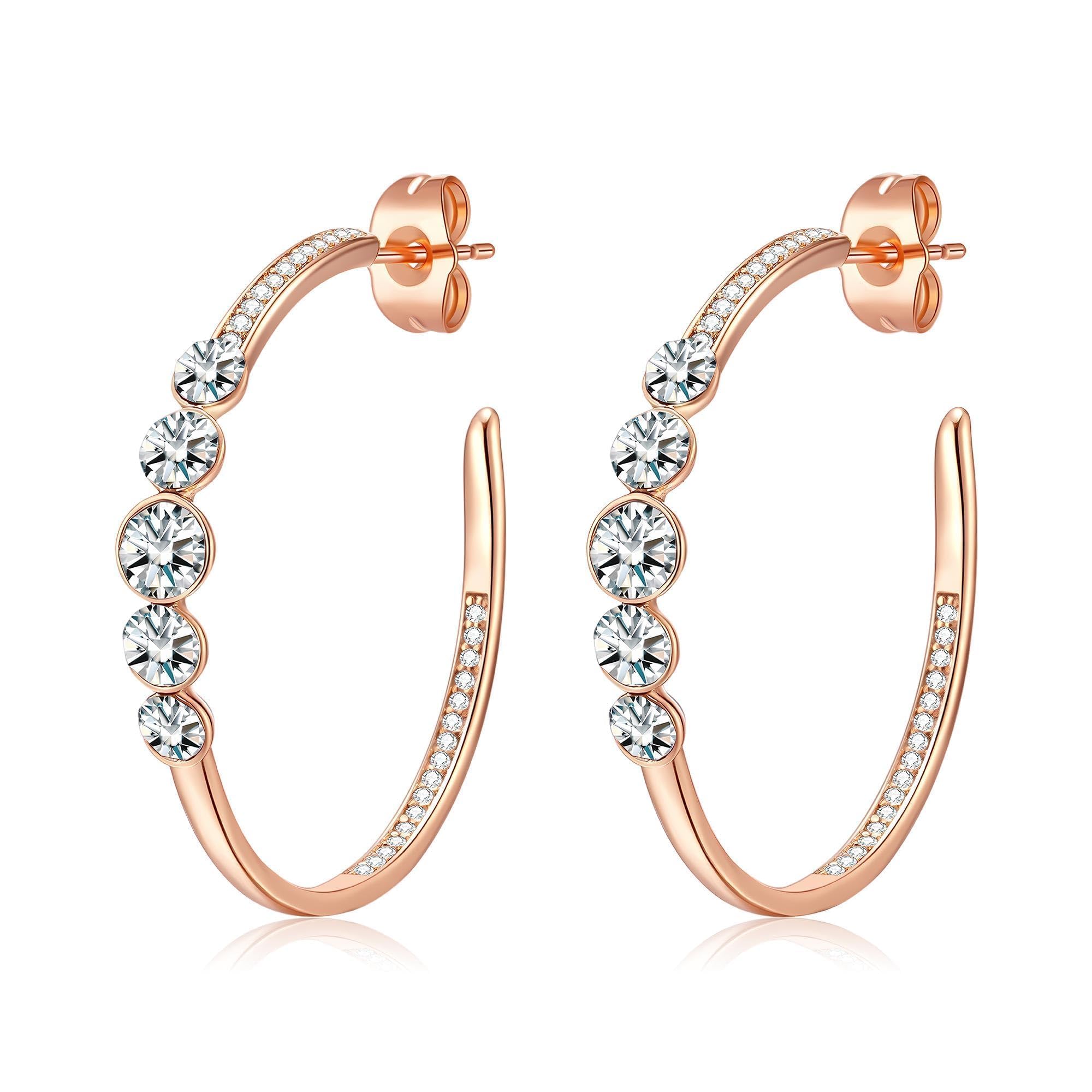 EVEVIC Austrian Crystal Half Hoop Earrings for Women Trendy 14K Rose Gold Plated Large Hoops Earring Jewelry Gift