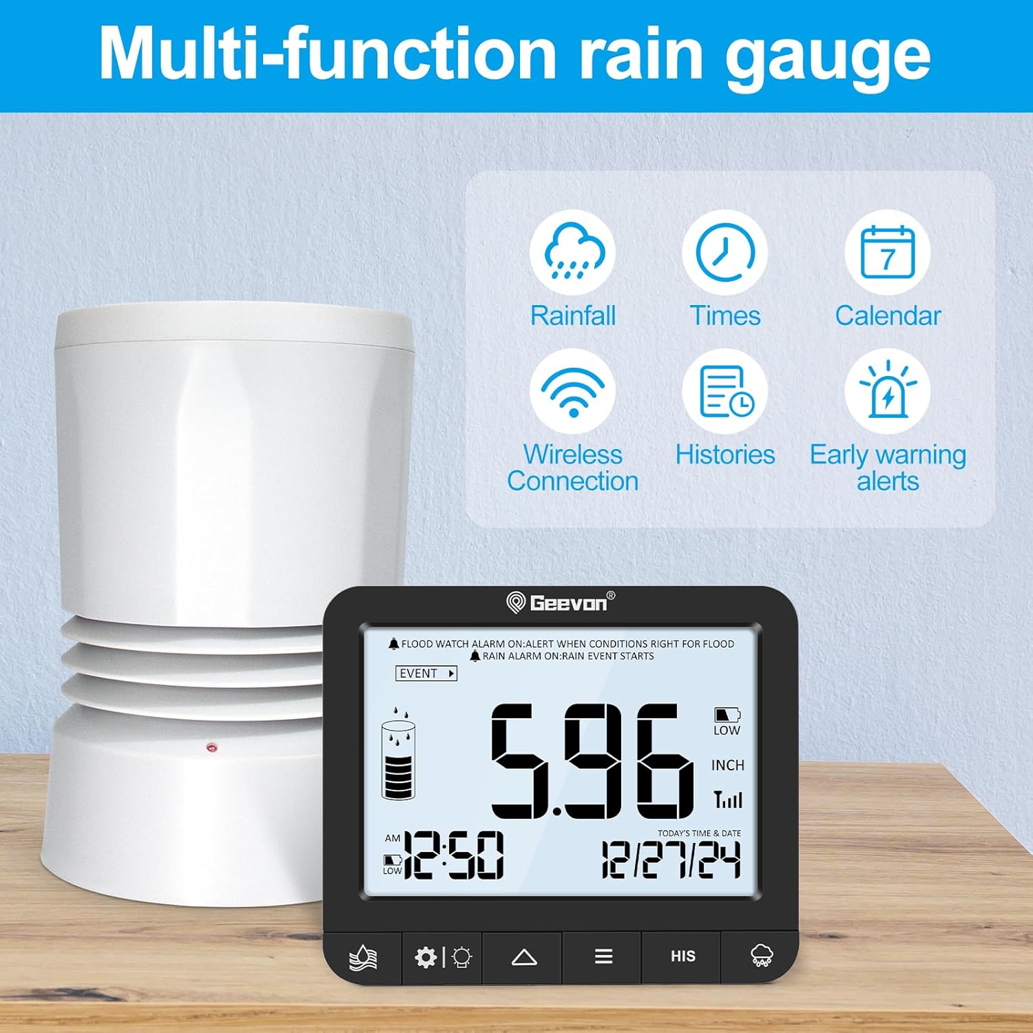 Geevon Digital Rain Gauge Outdoor, Self-Emptying Rain Collector with Alerts, Low Battery Warning Icon, Rainfall History and Current Date and Time, Suitable for Gardens, Farmland and Other Scenes - Image 8