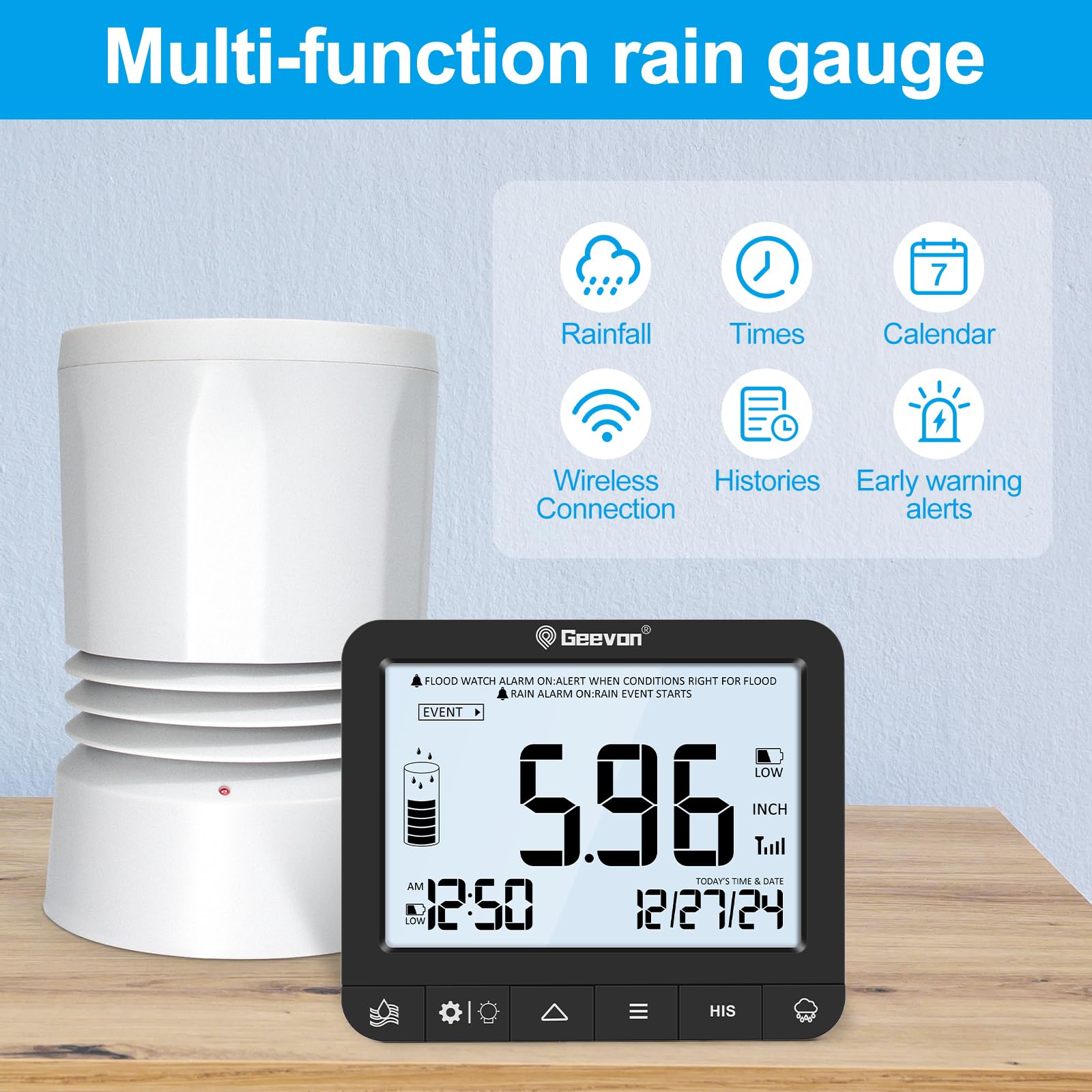Geevon Tragbarer kabelloser Regenmesser mit Digitalanzeige für den Innenbereich, hochpräzise Niederschlagsmessung, perfekt für Garten und Bauernhof im Freien, Echtzeit-Regenfallmessung und