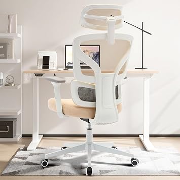 Ergonomic Office Chair, High Back Mesh Office Chair with Adjustable Lumbar Support, Flip-Up Armrests, 135° Recline, Executive Manager Chair – White Frame | Beige, Spray Plastic White