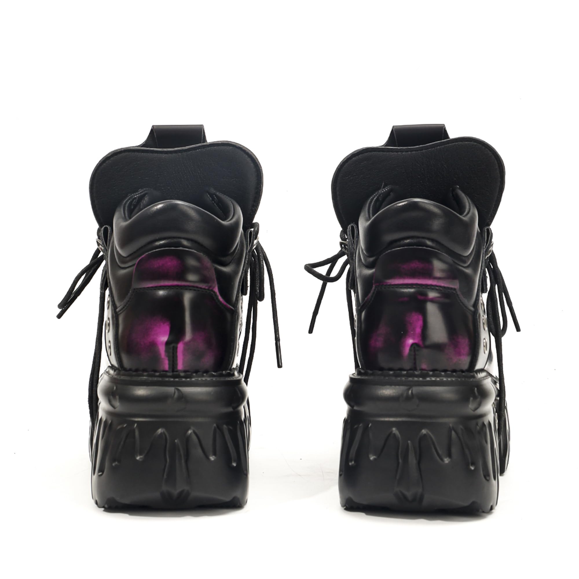 Punk Rock Heavy Metal Plateauschuhe Damen, Gothic Schnürstiefeletten mit Flammen-Design Chunky Plattform Metall Details