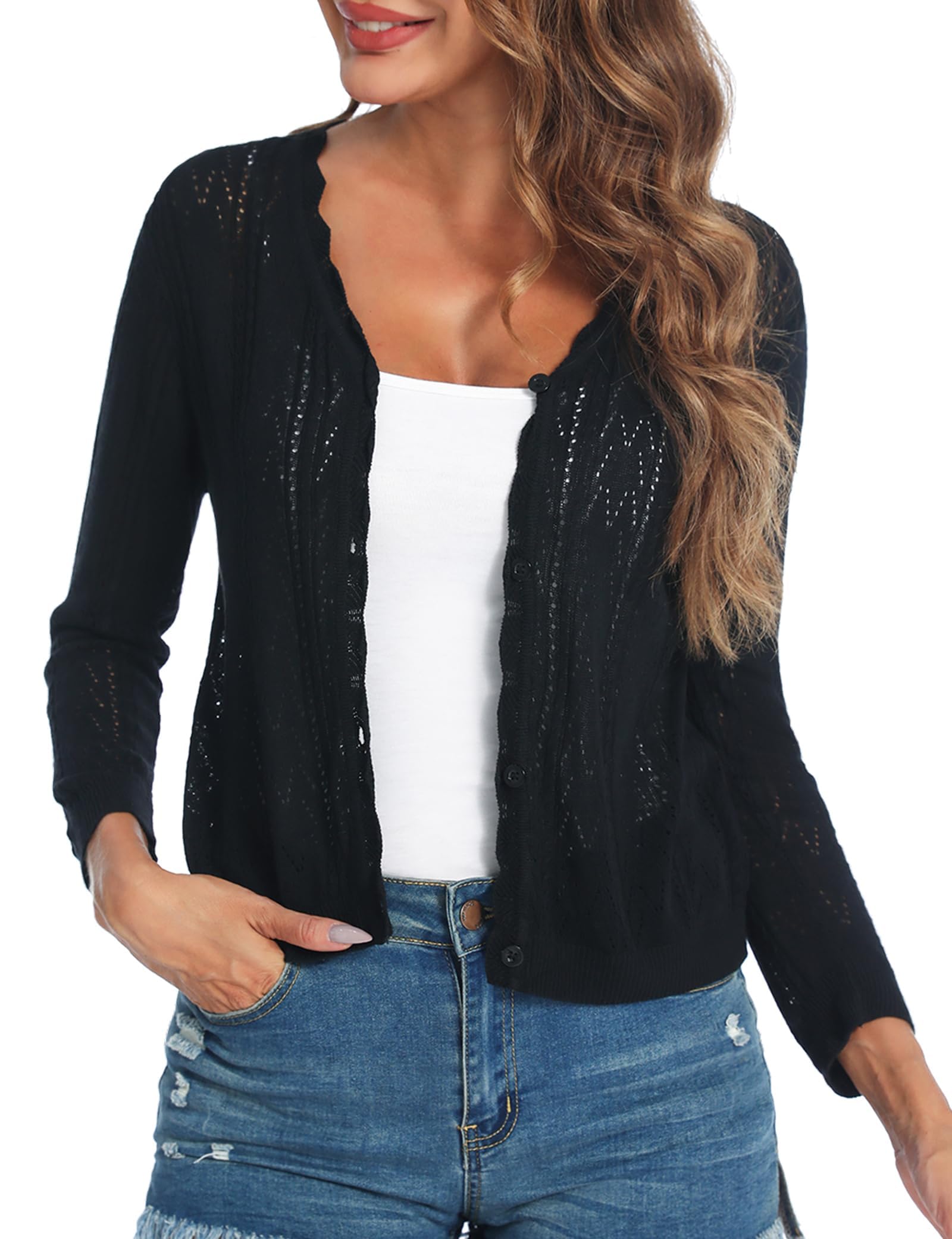 Gyabnw Damen Strickjacke 3/4 Ärmel Bolerojacke Casual Einfarbig Cardigan Freizeit Sommerjacke Outerwear