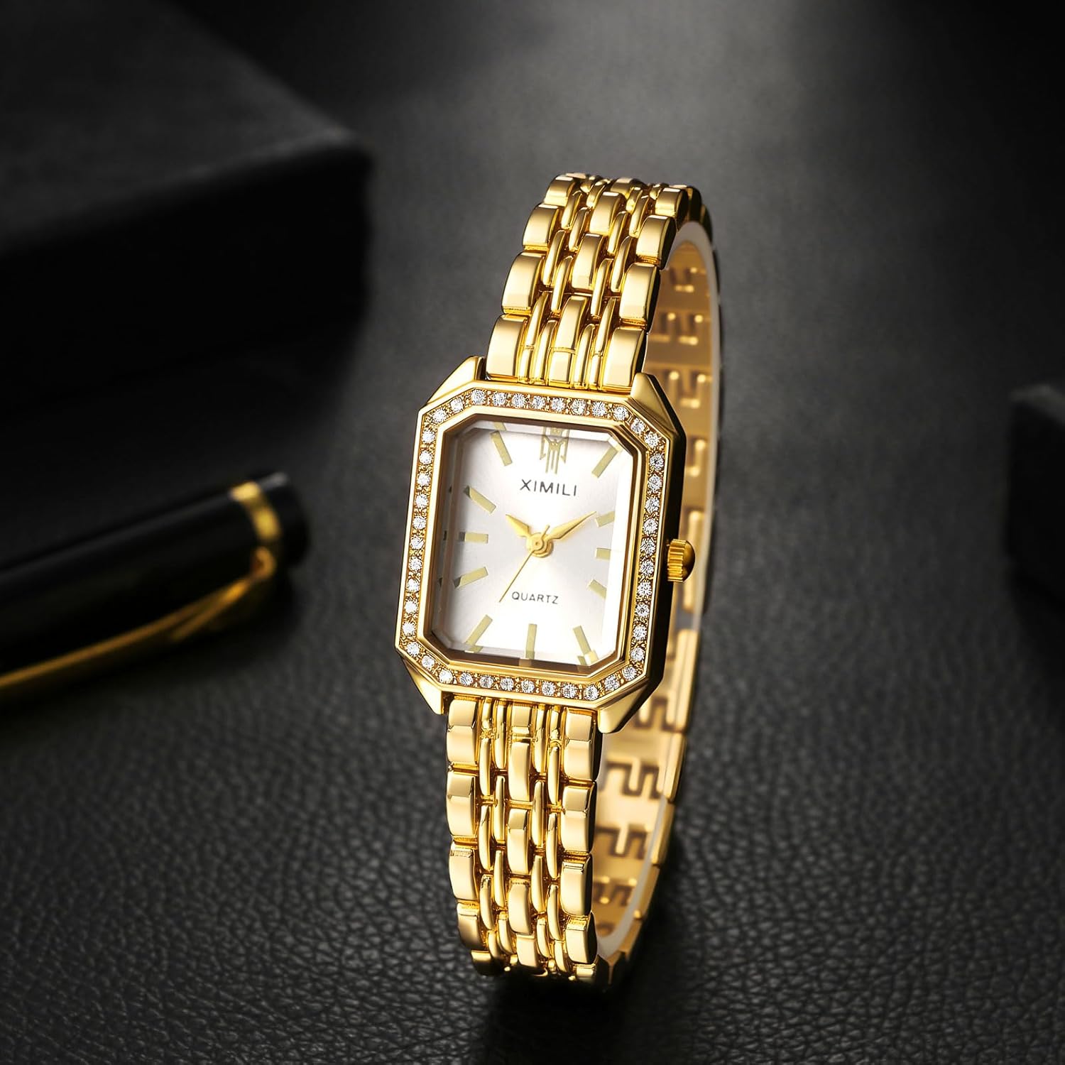 Avaner Women's Gold Square Watches: Ladies Rhinestones Elegant Stainless Steel Adjustable Band Analog Quartz Bracelet Wrist Watch - Image 2