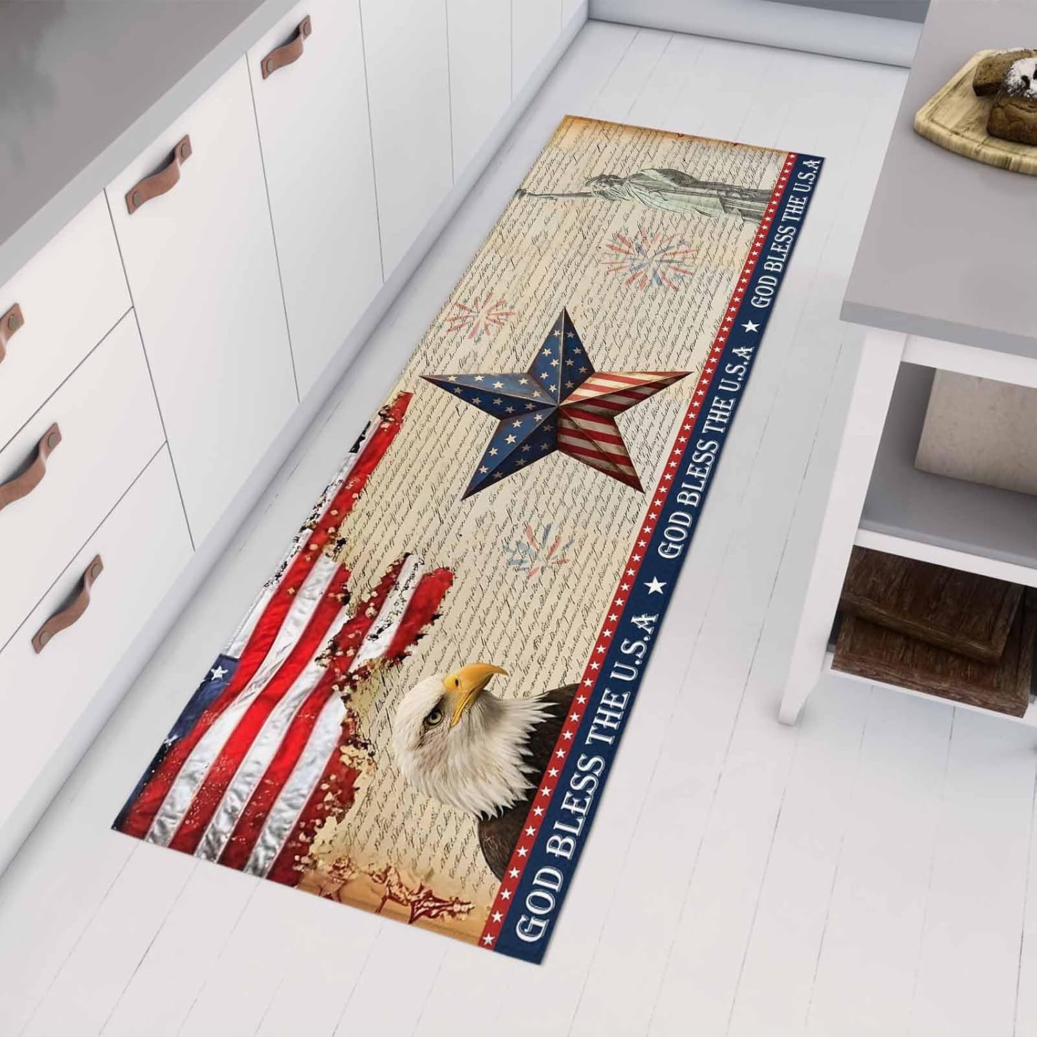 Teamery Kitchen Mats for Floor God Bless The USA Washable Non Slip Kitchen Rugs 1PCS, American Flag Star Eagle Absorbent Standing Mats for Sink Bathroom Office Living Room 15.7x47.2in