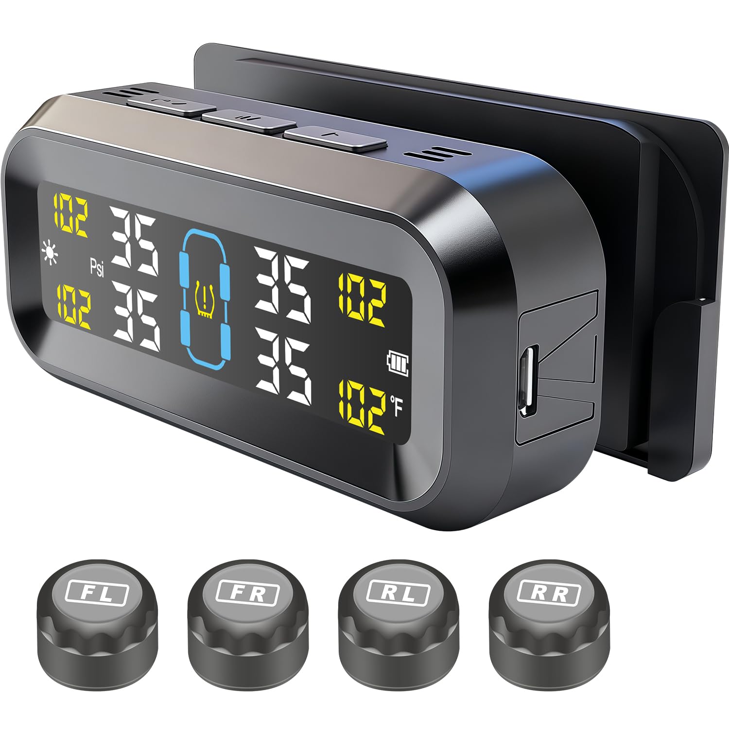 Zradnox Solar TPMS Tire Pressure Monitor: 4 External Sensors, 6 Alarms, LCD Display, 0-99 PSI for SUV RV Trailer