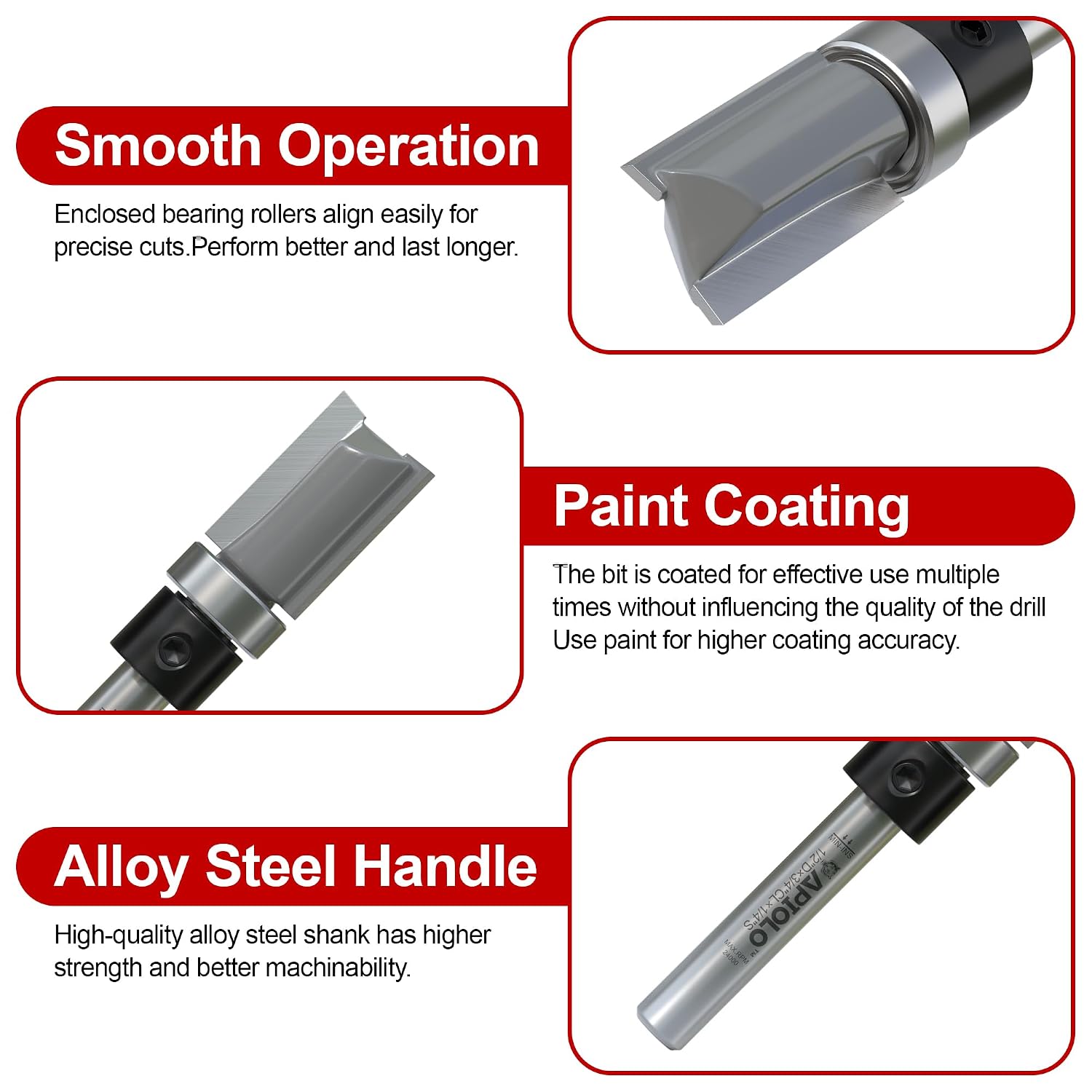 Professional Pattern Flush Trim Router Bit 1/4 Inch Shank, 1/2 Inch Cutting Diameter, 3/4 Inch Cutting Length, Top Bearing Flush Cut Trim Router Bit for Woodworking Trimming