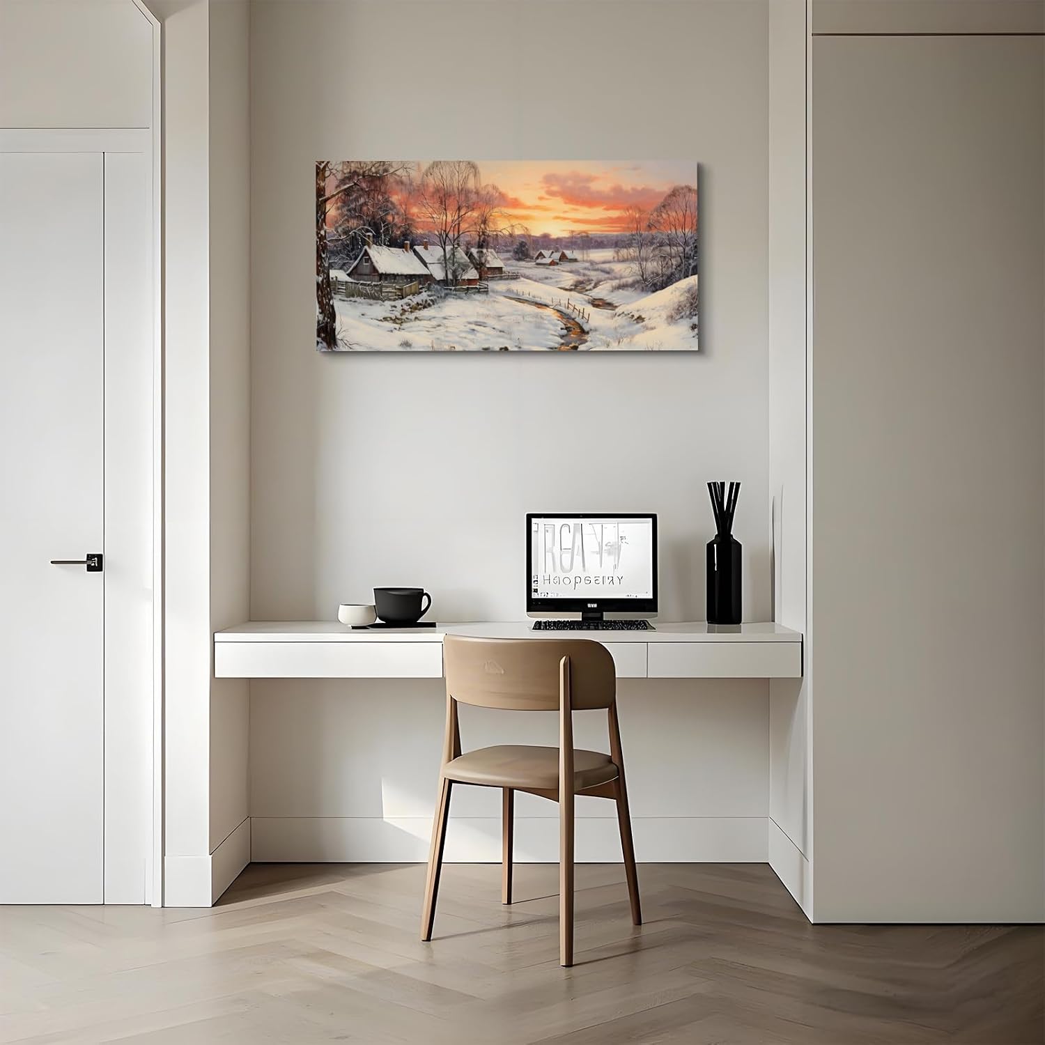 Craftline - Vintage Farmhouse Canvas Wall Art Snow-Covered Rural Landscape Picture Country Scene Modern Print Poster Framed Artwork for Farmhouse Living Room Office Bedroom Decoration 32x16inch