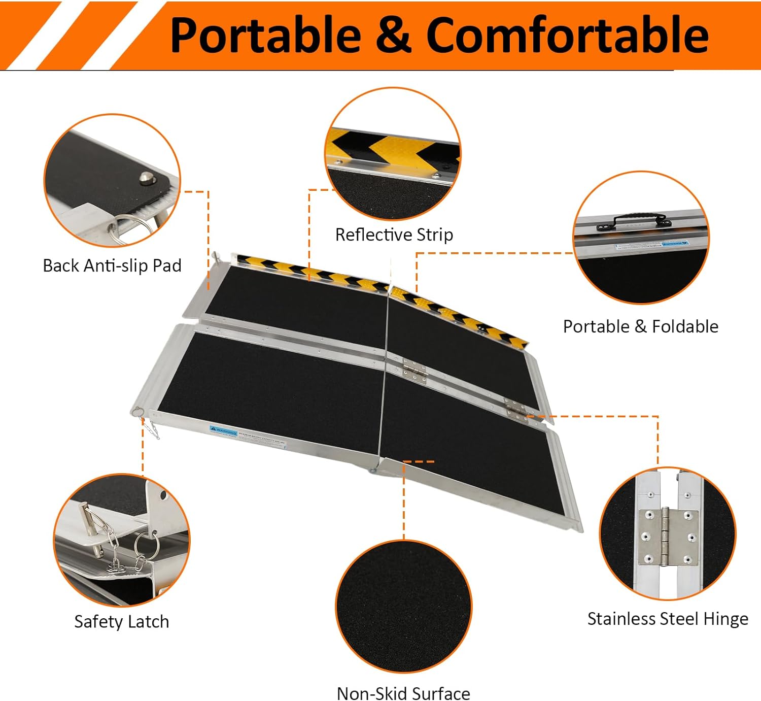 Portable Wheelchair Ramp 4FT, 48 L x 29 W Non-Skid Aluminum Foldable Handicap Ramps for Steps, 800lbs Capacity Threshold Ramps, Lightweight with Handle, for Home,Stairs,Doorways,Curbs (4FT)