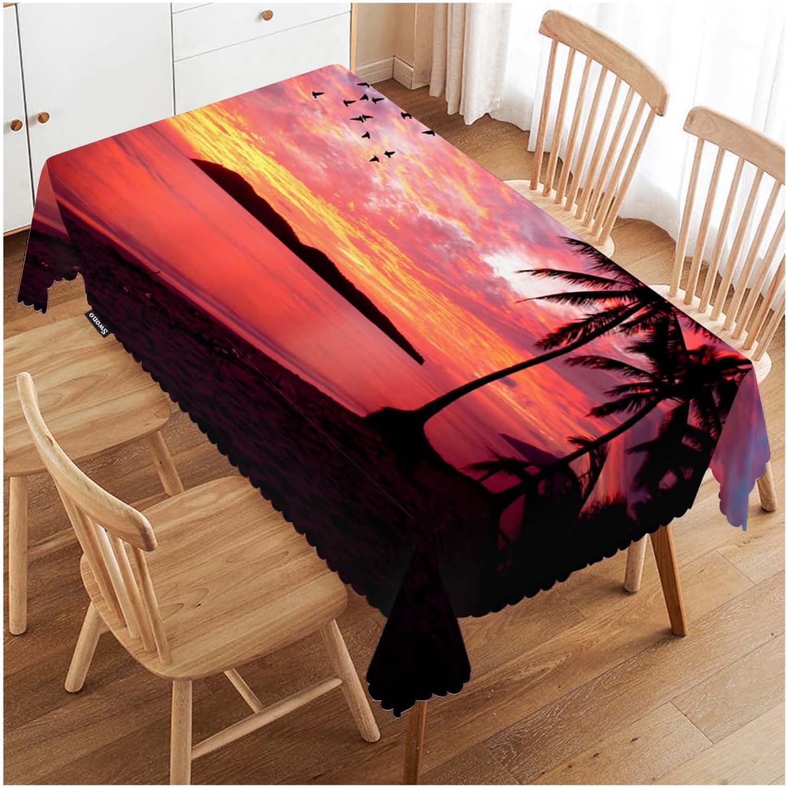 Swono Tablecloth Sunset Ocean, Paradise Ocean Beach Palm Trees Table Cloth for Kitchen Dining Tabletop Decoration Parties Weddings, 52 X 70 Inch Rectangle Tablecloth, 4-6 Seats