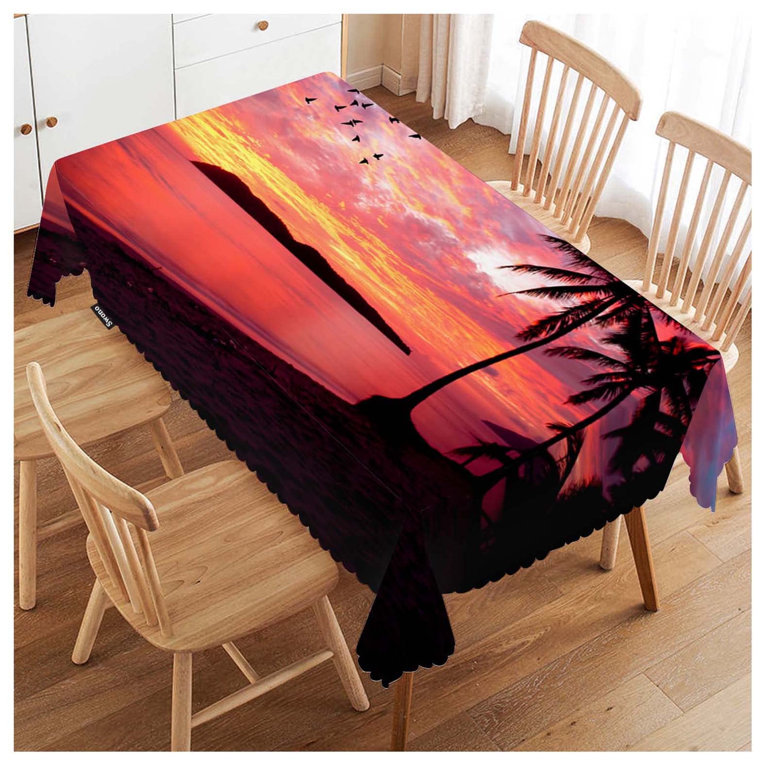 Swono Tablecloth Sunset Ocean, Paradise Ocean Beach Palm Trees Table Cloth for Kitchen Dining Tabletop Decoration Parties Weddings, 52 X 70 Inch Rectangle Tablecloth, 4-6 Seats