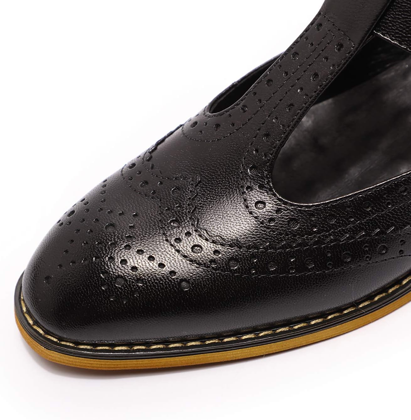 Mona flying Women's Leather T-Strap Mary Jane Brogue Wingtip Flat Oxfords