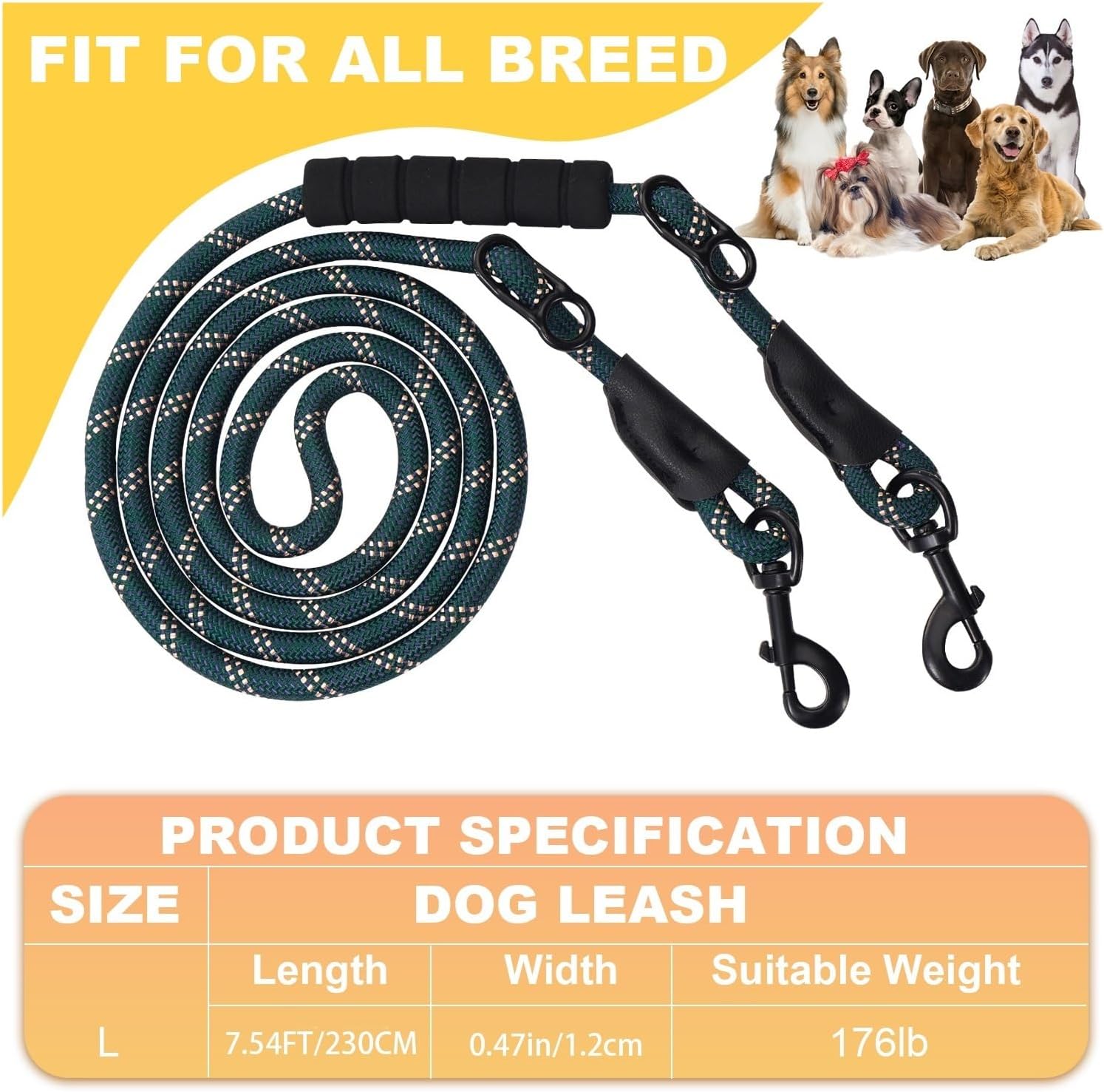 Heavy Duty Dog Leash 7.5 FT Padded Handle Hands Free Crossbody Waist Leash for Walking Running Jogging Convertible to Double Leashes for Two Dogs Multi-Functional Pet(1)