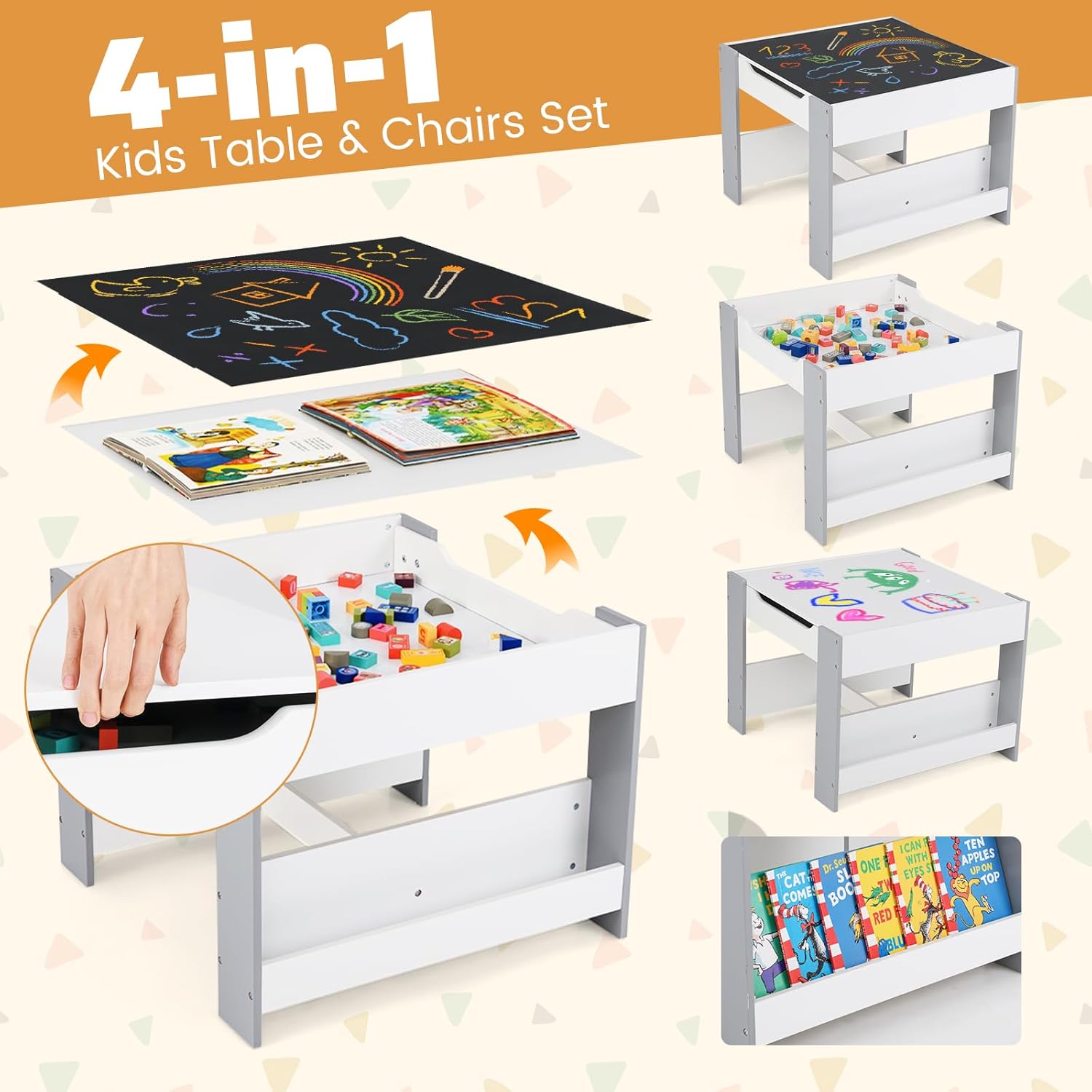 LDAILY Kids Table and Chairs, 4 in 1 Wooden Activity Table with Bookshelves, Storage Drawer, Reversible Tabletop & Chalkboard, Toddler Table and Chair Set for Drawing, Reading, Game, Crafts (Gray)