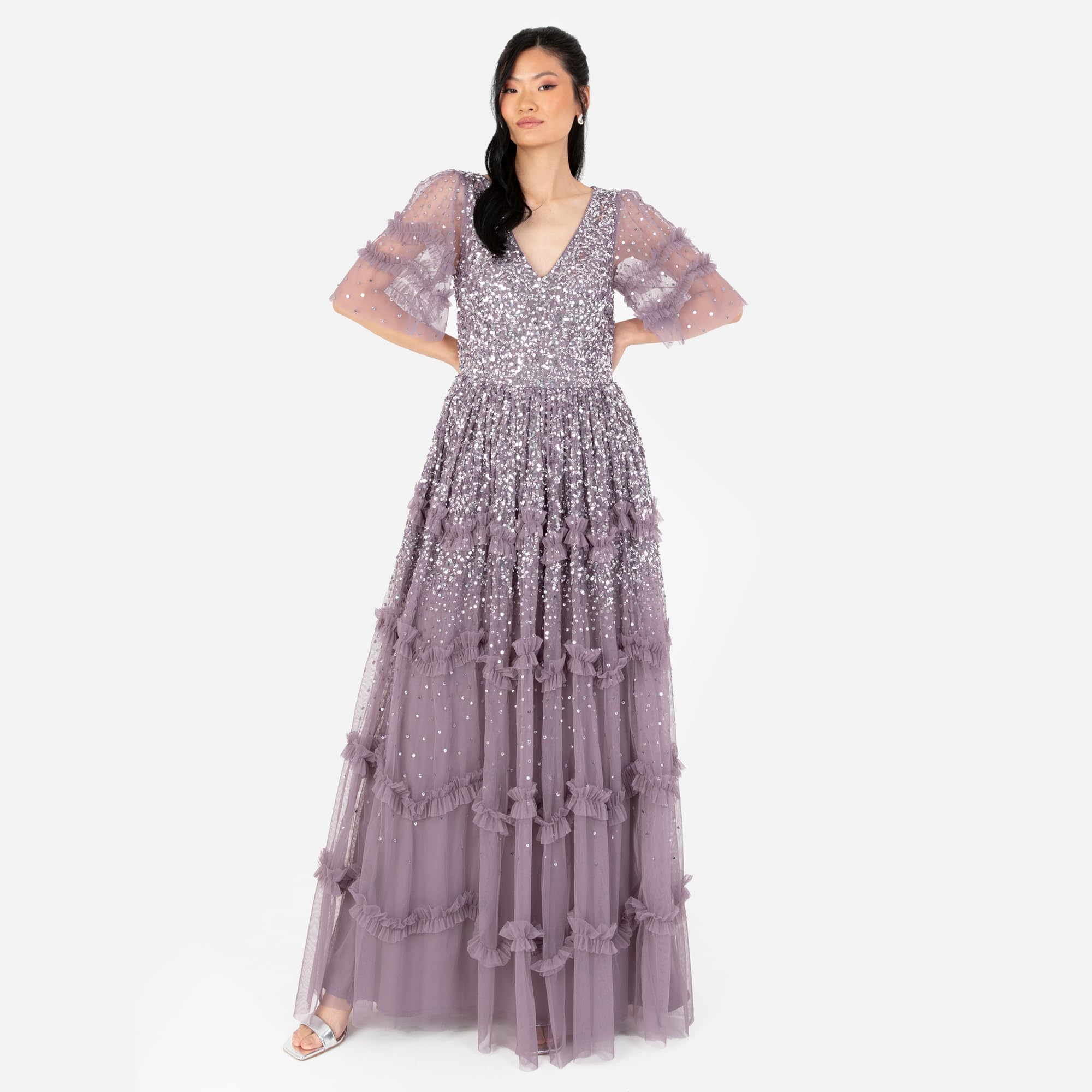 Maya Deluxe Women's Maxi Dress Ladies V-Neck Sequin Embellished Ruffle Detail for Wedding Guest Bridesmaid Prom Occasion Ball Gown