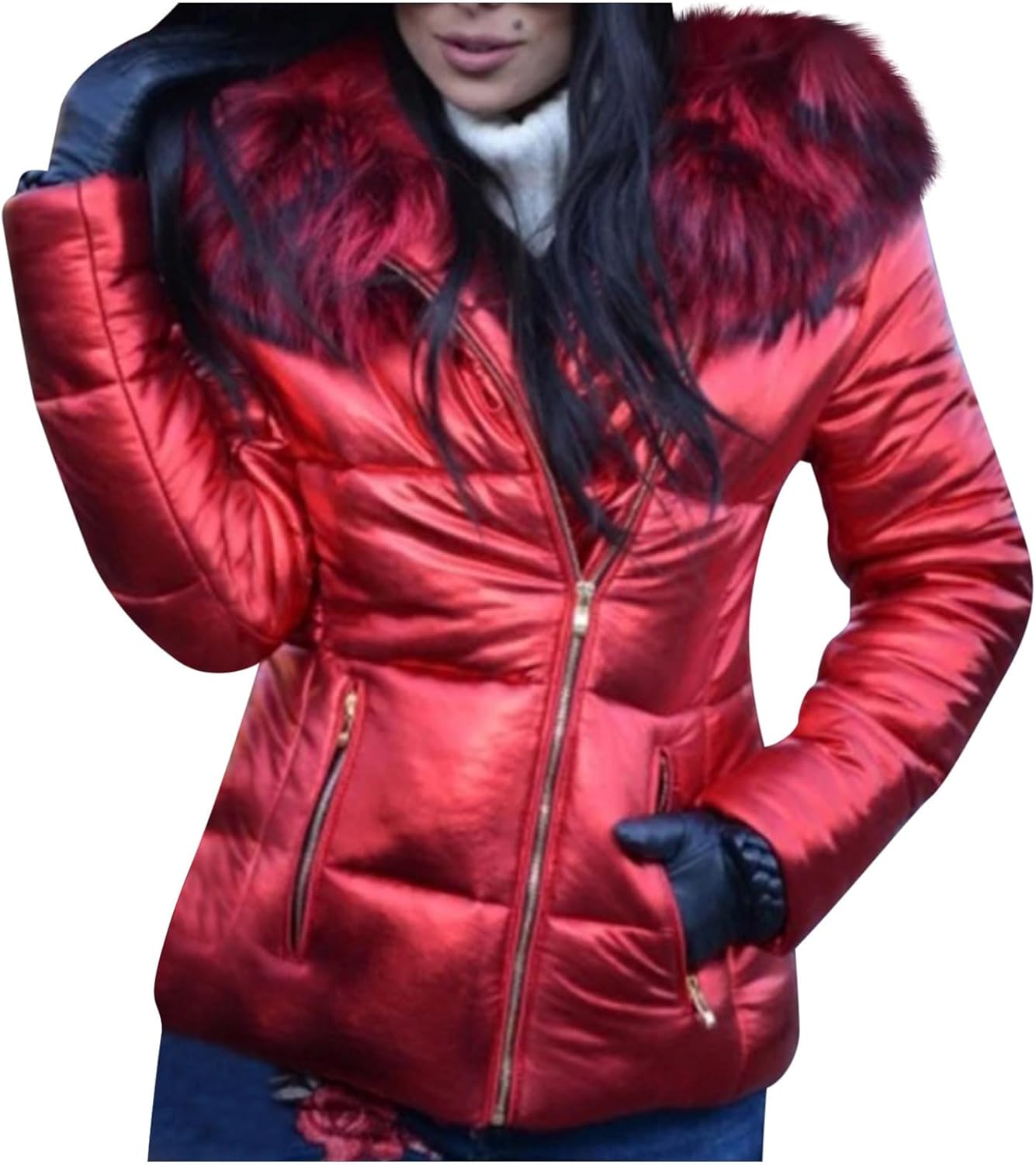 HGps8w Women's Metallic Shiny Winter Quilted Coats with Detachable Faux Fur Hood Full Zip Padded Puffer Jackets Outerwear