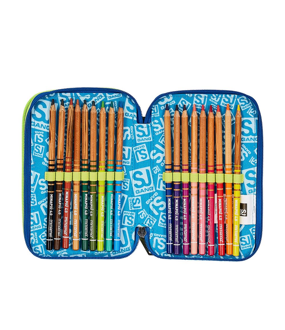 SJ GANG STYLE JAM GANG Astuccio Scuola 3 Zip, Blu, Cuccioli di SJ, Portapenne Triplo Scomparto Completo Di Penne, Matite, Colori, Accessori Zaino, Elementari, Medie, Bambino