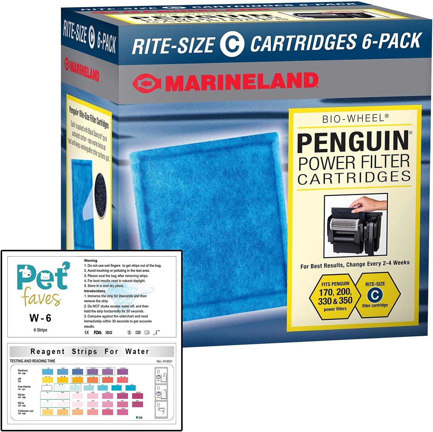 Pet Faves Penguin Rite-Size C Bio-Wheel 170, 200, 330 & 350 Bulk Replacement Filter Cartridge with Water Test Strips