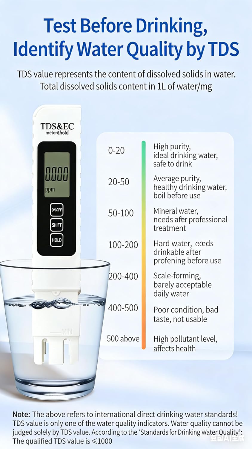 Portable Digital TDS & EC Water Quality Tester - Accurate Test Pen with Hold Function & Anti-Slip Design for Home Drinking Water & Aquarium Use