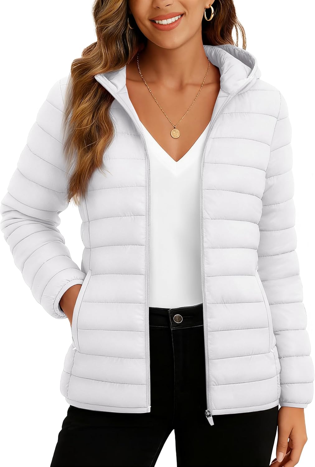 TACVASEN Women's Lightweight Puffer Jacket with Hood Pockets Quilted Padded Full-zip Water-Resistant Winter Coat