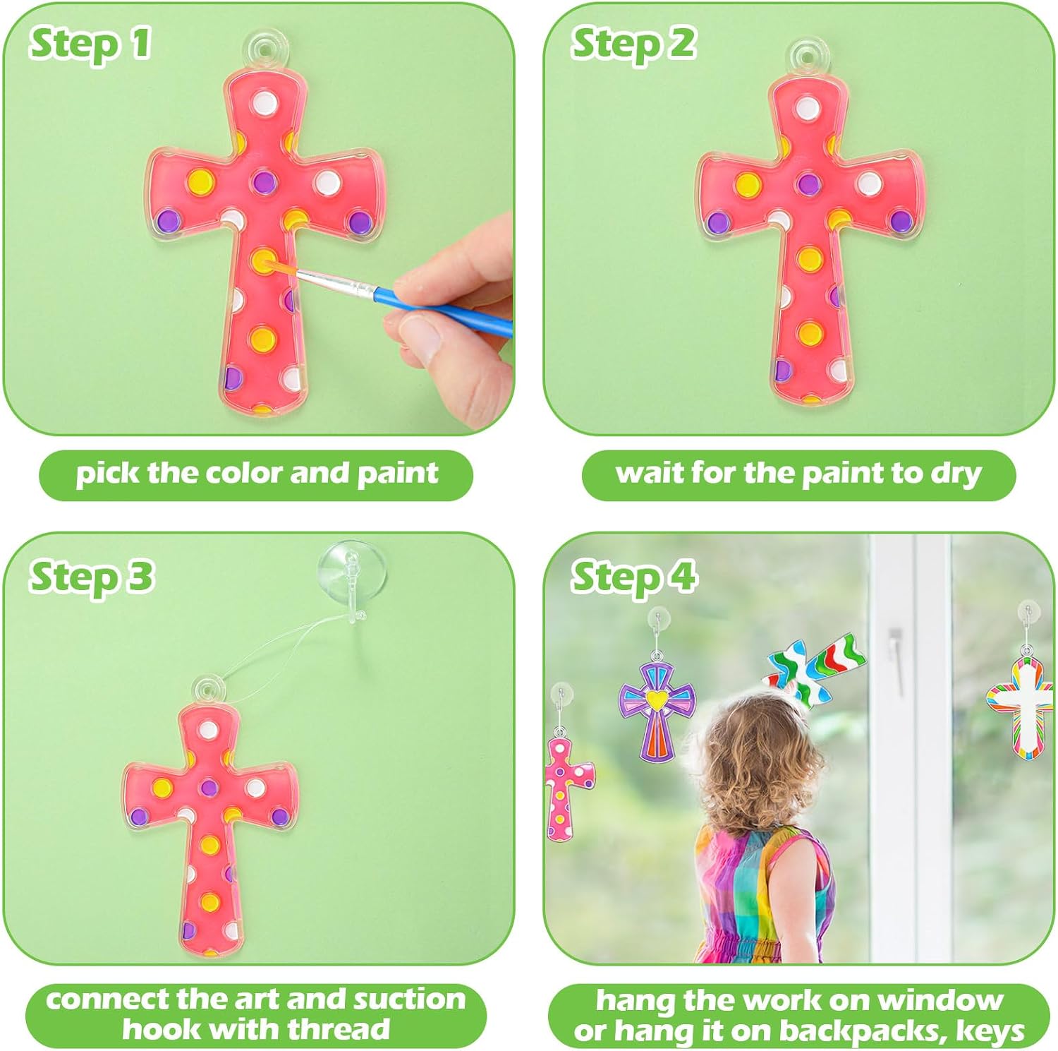Poen 28 Sets Religious Cross Suncatchers Craft Kits for Kids DIY Christian Window Paint Art Kit Sunday School Sun Catcher Ornaments Decor for Kids Classroom Vbs Activities Party Favors