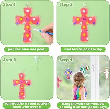 Poen 28 Sets Religious Cross Suncatchers Craft Kits Ornaments Christian Window Paint Art Suncatchers DIY Decor for Sunday School Vbs Easter Holiday Activities Home Party Favors