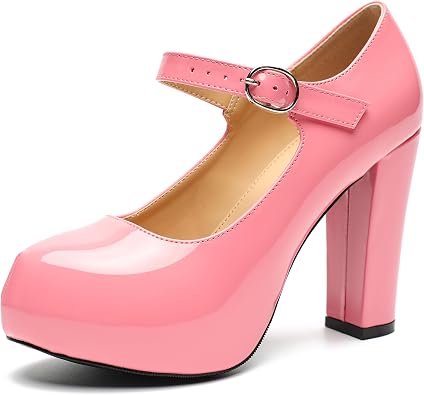 fereshte Womens Mary Jane Platform Pumps, 4 Inch Chunky Heel with Ankle Strap, Round Closed Toe Dress Shoes Comfortable Dress Shoes