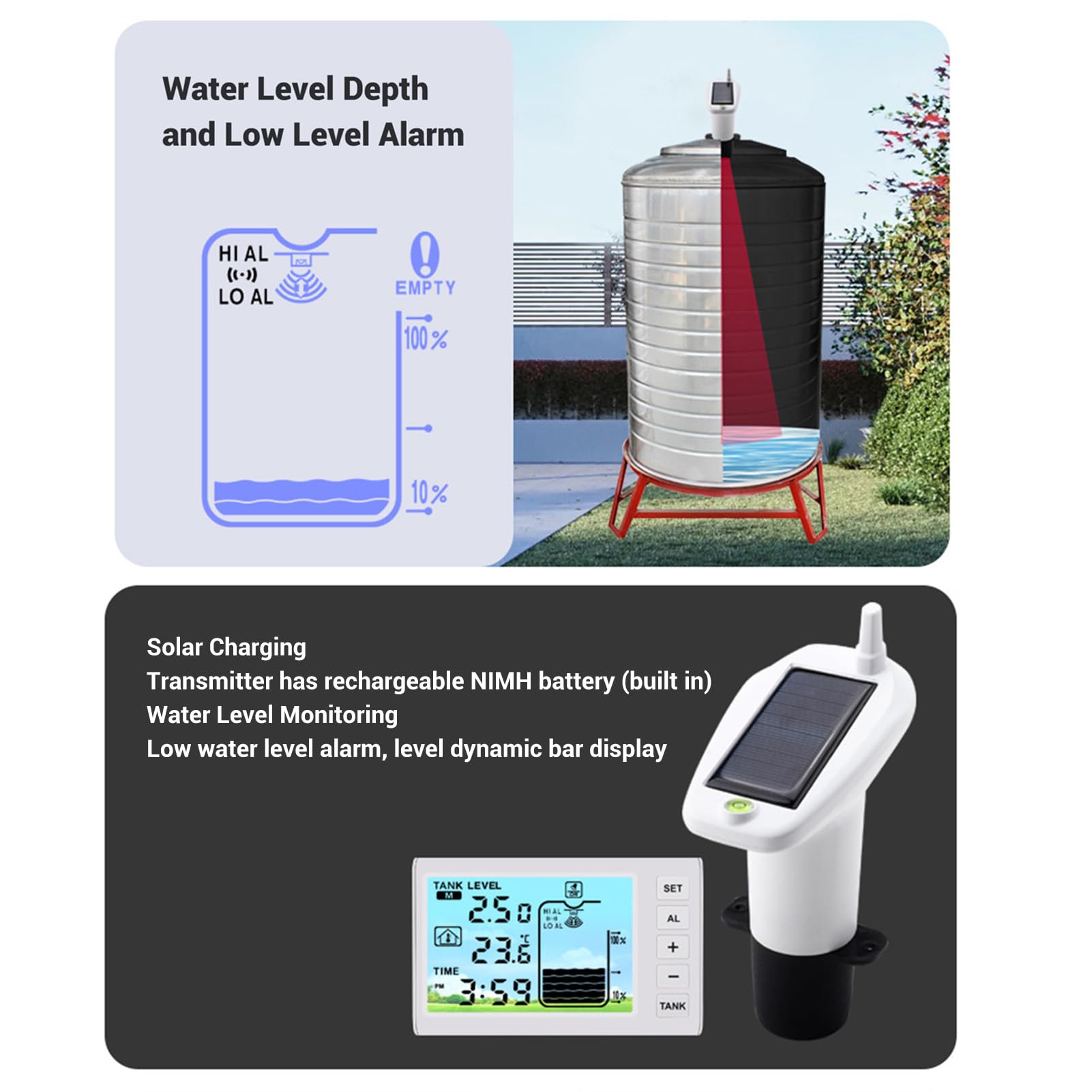 Jeffergarden Sensor de Nivel de Agua Ultrasónico con Pantalla Digital Medidor de Profundidad de Líquido Inalámbrico para el de Monitoreo y Alarma del Depósito de Agua Doméstica