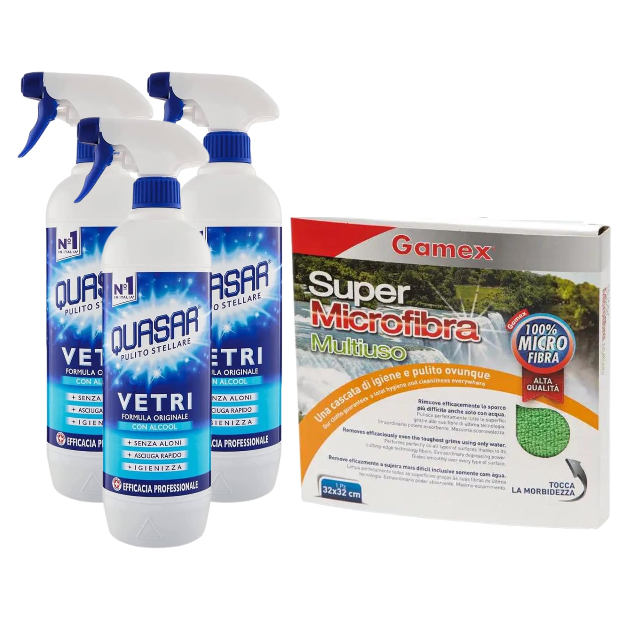 Quasar Pulito Stellare Detergente Per Vetri 3 Pezzi X 650 Ml + Gamex Panno In Microfibra