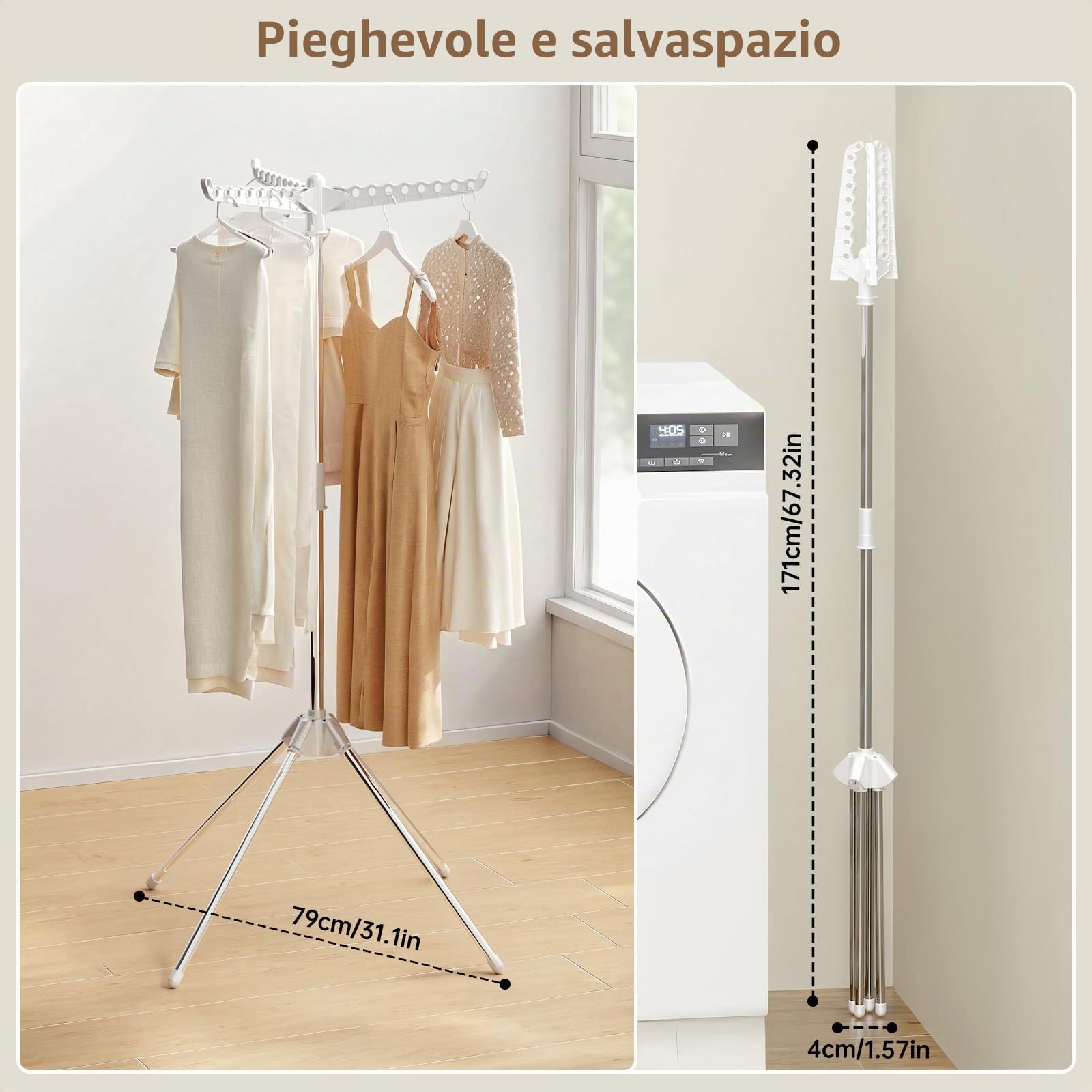 PAVSTINE Stendino Verticale Salvaspazio, Stendibiancheria con 3 Ali,Bianco | Piegevoli e Bracci Rotanti, Stendibiancheria Verticale in Acciaio per Interno ed Esterno, Stendipanni a 4 Gambe