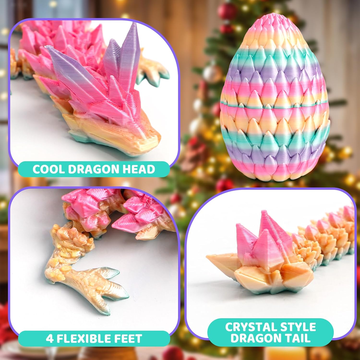 3D Printed Dragon Egg - Rainbow - Easter Basket Stuffers, Surprise Egg with 12" Flexible Crystal Dragon Inside, Mythical 3D Printed Gift Toy, Desk Executive Pet, Figurine Decor for Birthday