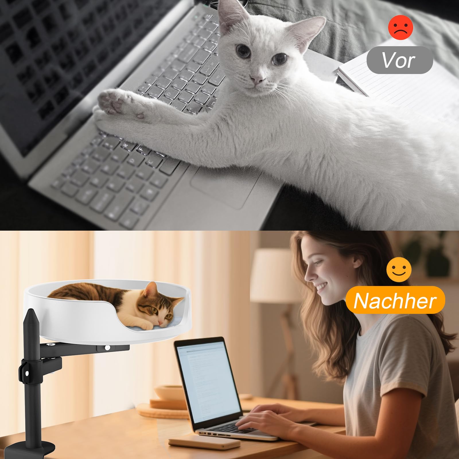 Höhenverstellbares Katzenbett für Schreibtisch 360° Drehbarer Katzenplatz mit Zwei verstellbaren Armen Haustierkissen inklusive