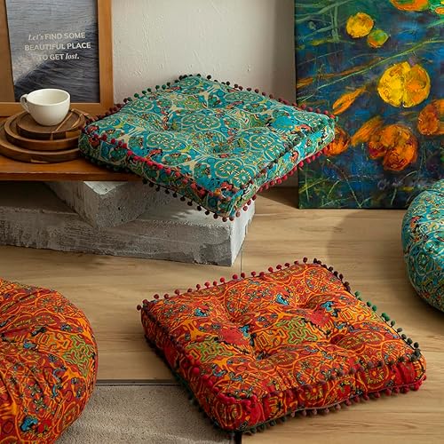 Miniatura 6 de vctops Cojines de asiento cuadrados de lino y algodón bohemio para sillas de comedor, cocina, oficina, súper suaves, con flecos de pompón (azul, 16