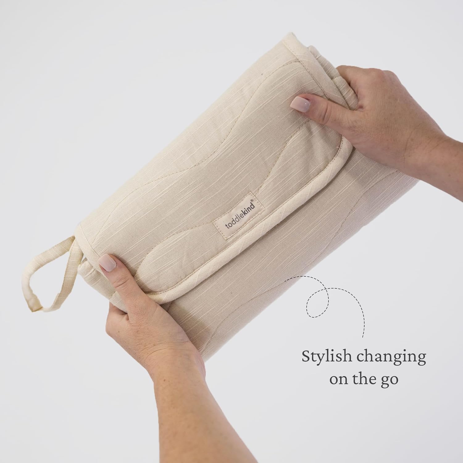 Toddlekind Mini Maven Portable Changing Pad – Organic Cotton & Water-Resistant Polyester – Travel-Friendly, Foldable Change Mat – Tofu Beige Stripes with Wave Stitching – Chic, Durable, Easy to Clean image 2 of 7 B0DLCRF3S2