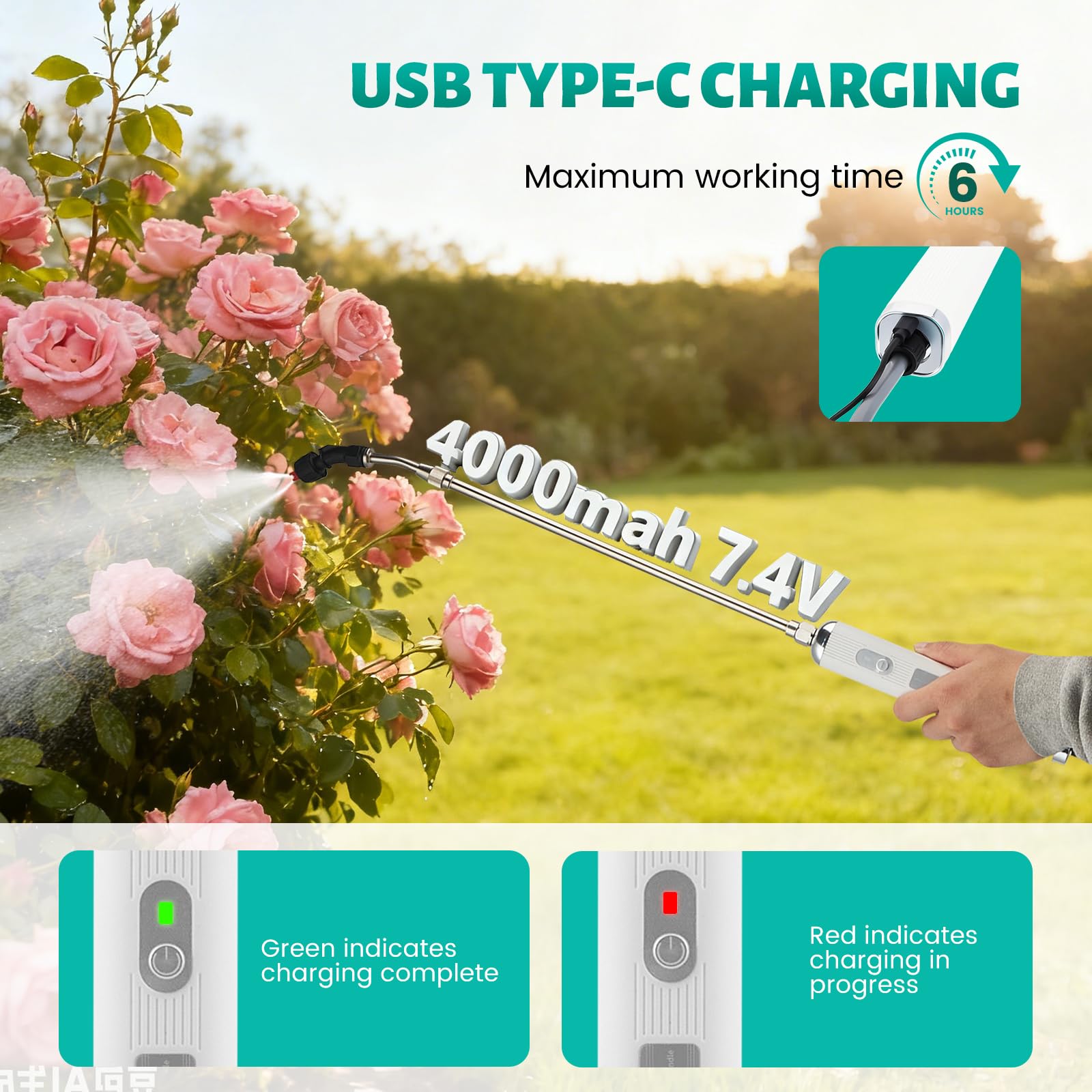 Spruzzatore a pressione a batteria elettrico da 5 litri - Spruzzatore per piante con 3 ugelli regolabili e batteria da 4000 mAh - Spruzzatore da giardino ricaricabile tramite USB con asta telescopica