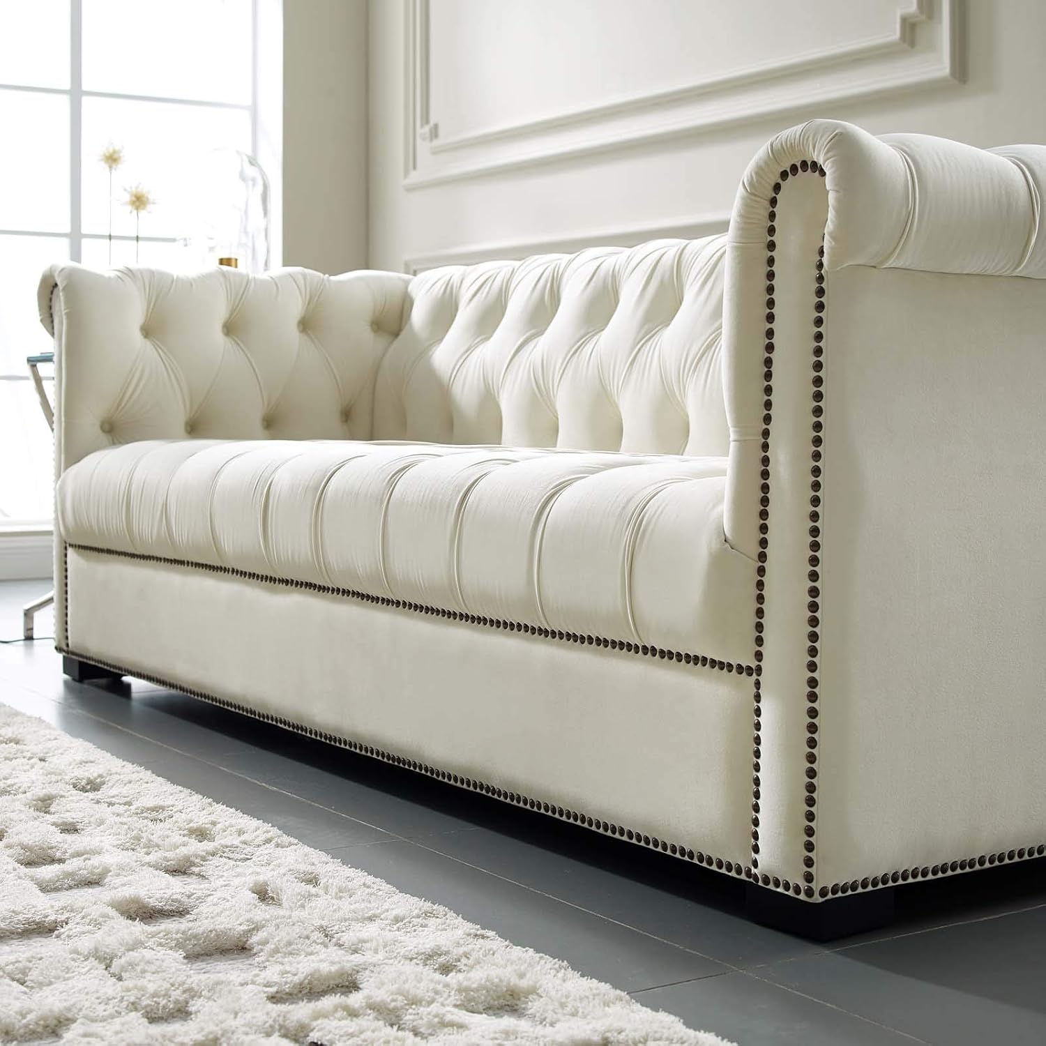 Modway Heritage Tufted Performance Velvet Upholstered Chesterfield Sofa with Nailhead Trim in Ivory