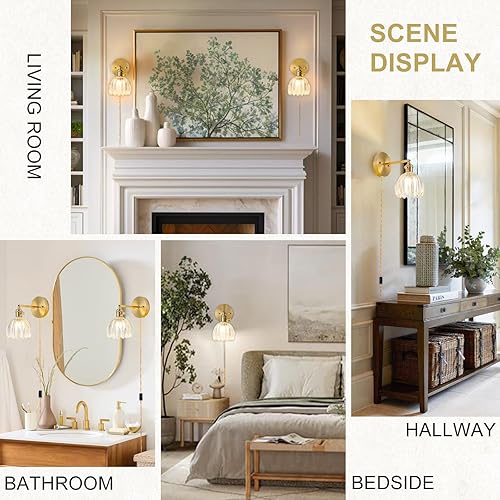 Miniatura 2 de Juego de 2 apliques de pared enchufables, apliques de pared vintage con pantalla de cristal transparente de tulipán, aplique de pared ajustable de