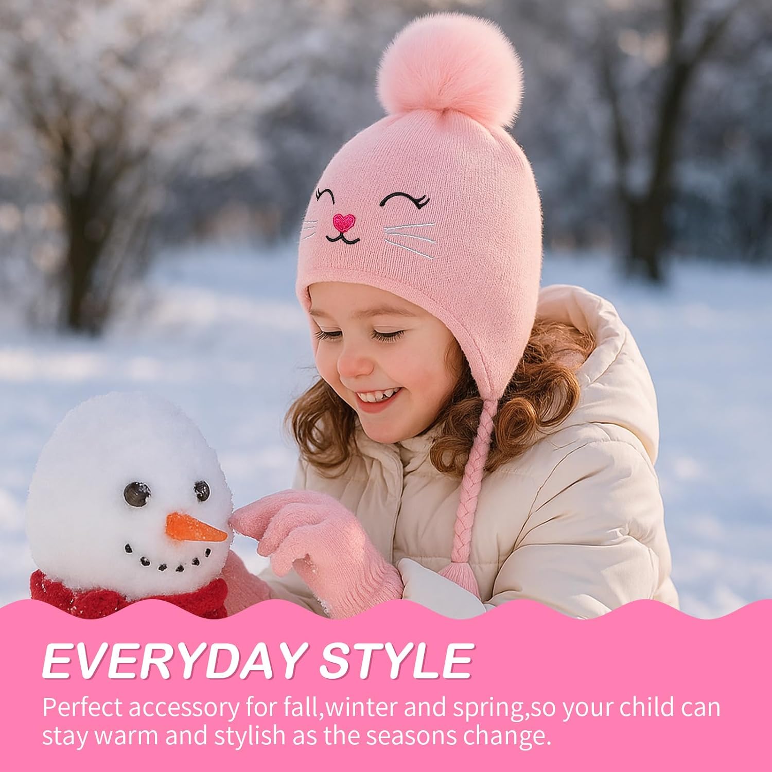 Toddler Girls Earflap Winter Hat and Gloves Set Kids Cat Beanie Fleece Lining Pom Pom Skiing Knit Caps Gift for Ages 3-7 - Image 4