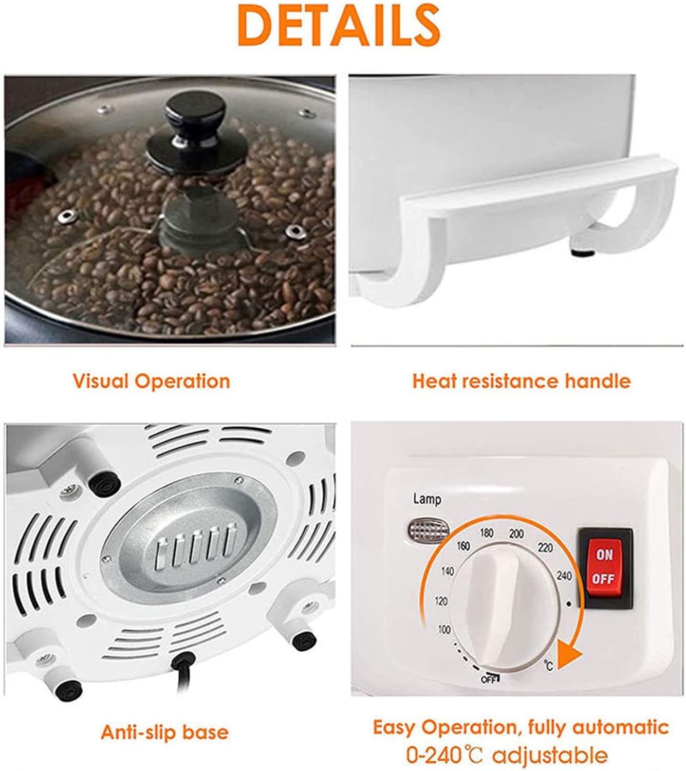 Electric Coffee Roaster Machine Household Coffee Bean Roaster Non-Stick Pot, 0-240℃ Temperature Adjustment, Grain Drying