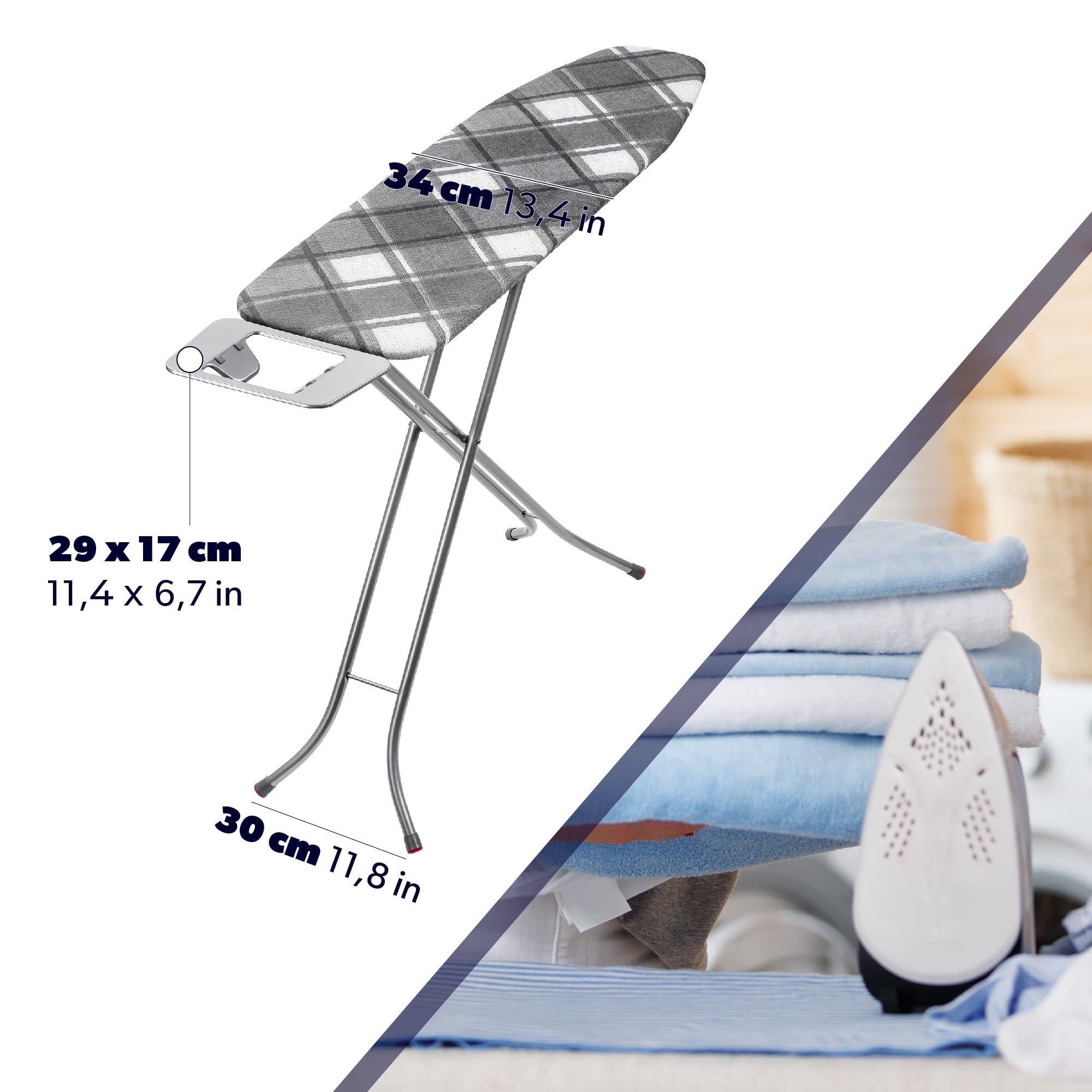KADAX Bügelbrett groß 114x34cm - Stabiler Bügeltisch für Dampfbügelstation, klappbar, höhenverstellbar, mit Metallgitter & Bügeleisenablage, Made in EU