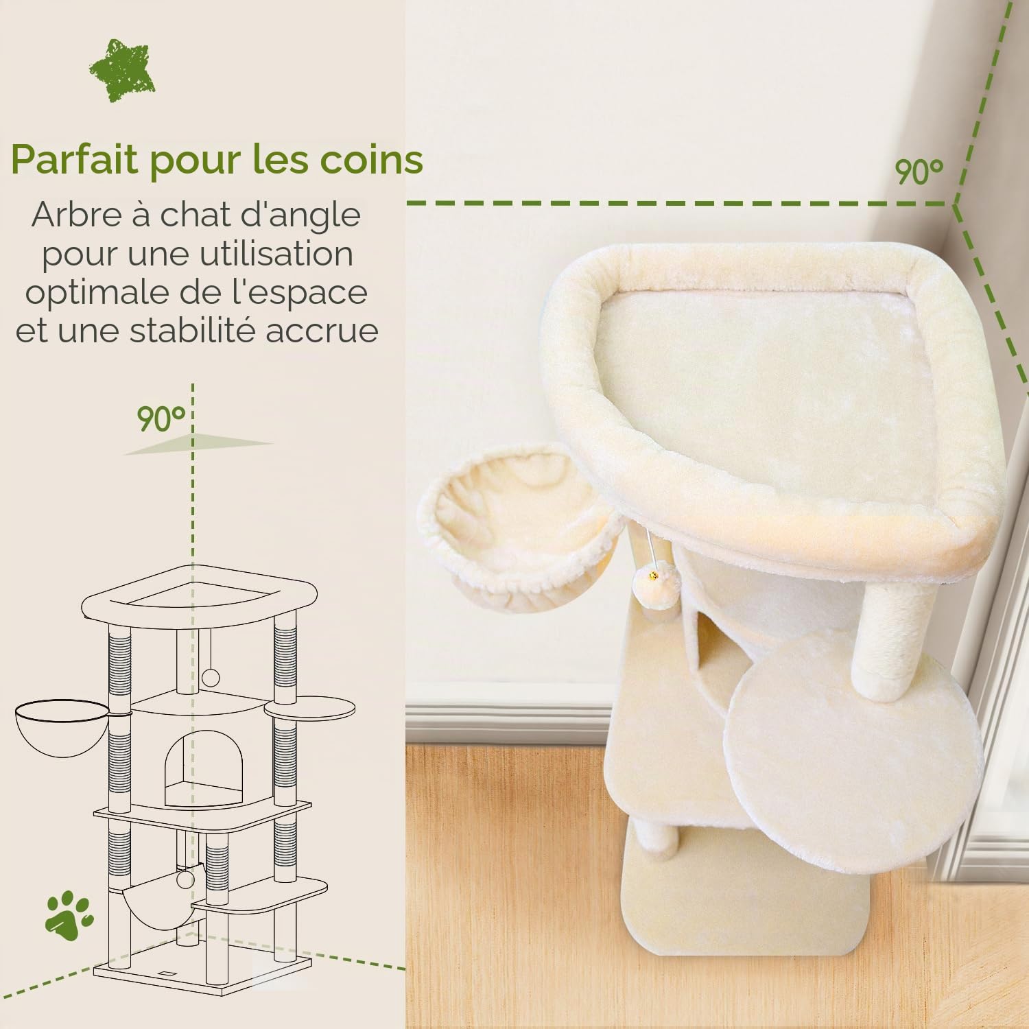 Globlazer Arbre a Chat avec Grandes Plateforme en éventail Niches Doux Hamac Panier, Arbres à Chat Hauteur 130 cm Solide 90° Serré Coin pour 3-4 Gros Chats Repos Jeu (C51, Beige)