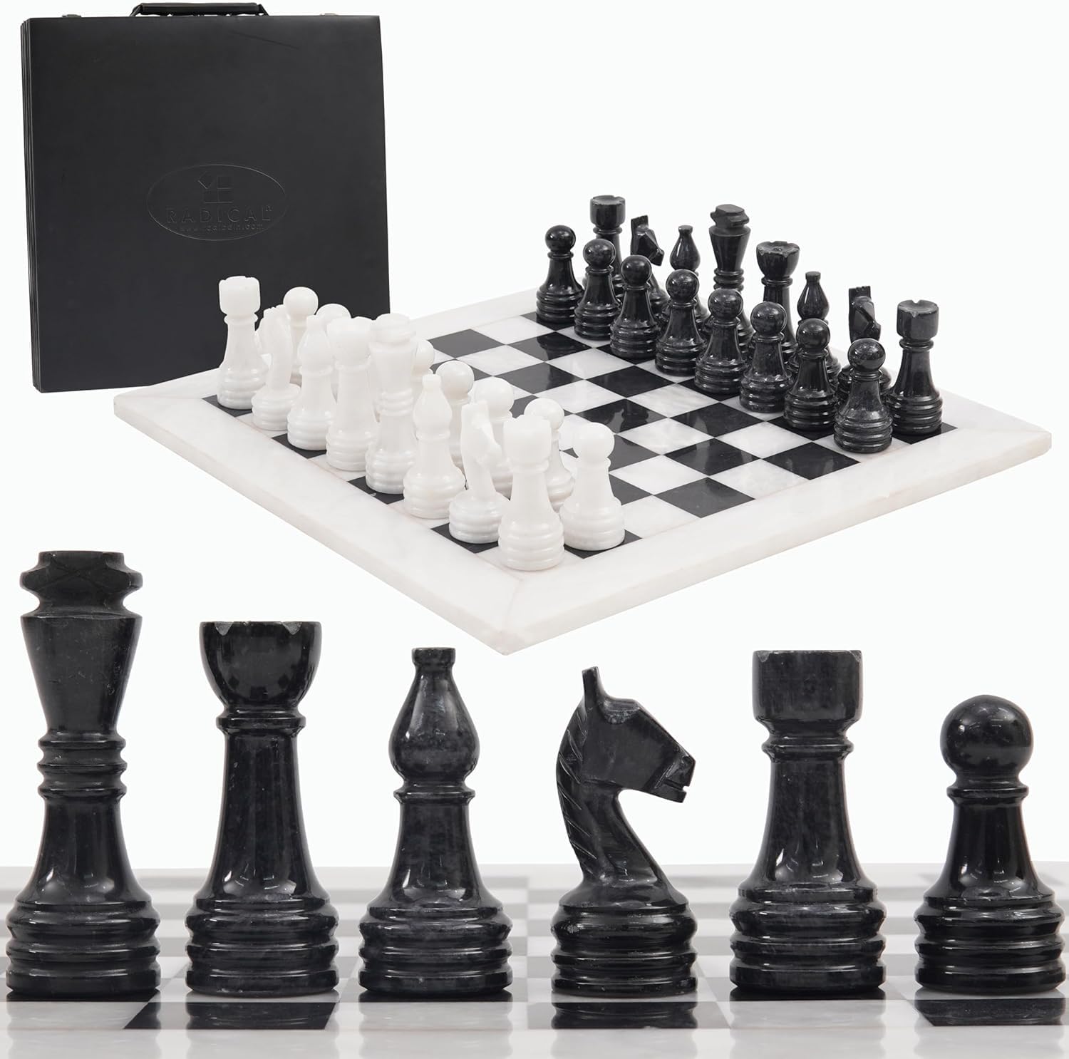 Radicaln Set di scacchi in marmo con scatola portaoggetti, 38 cm, bianco e nero, fatto a mano, 1 scacchiera con 32 pezzi di scacchi, gioco di scacchi per giochi da tavolo per 2 giocatori per adulti
