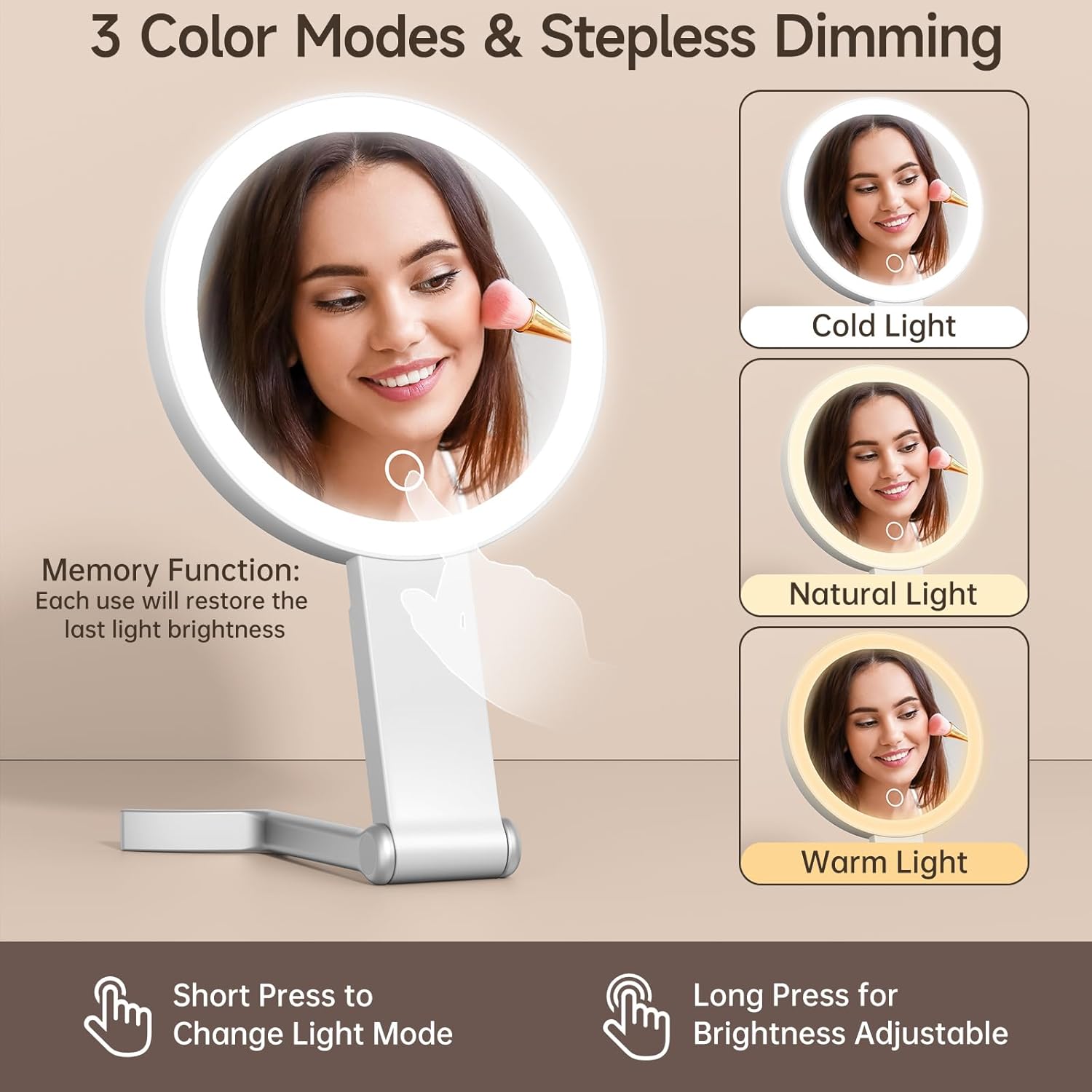 Magnifying Mirror with Light 1X/10X, Travel Lighted Makeup Mirror with Magnification, Make Up Mirror Stand Up Double Sided, Magnified Travel Mirror with Lights, 3 Light Colors & Dimming (White)