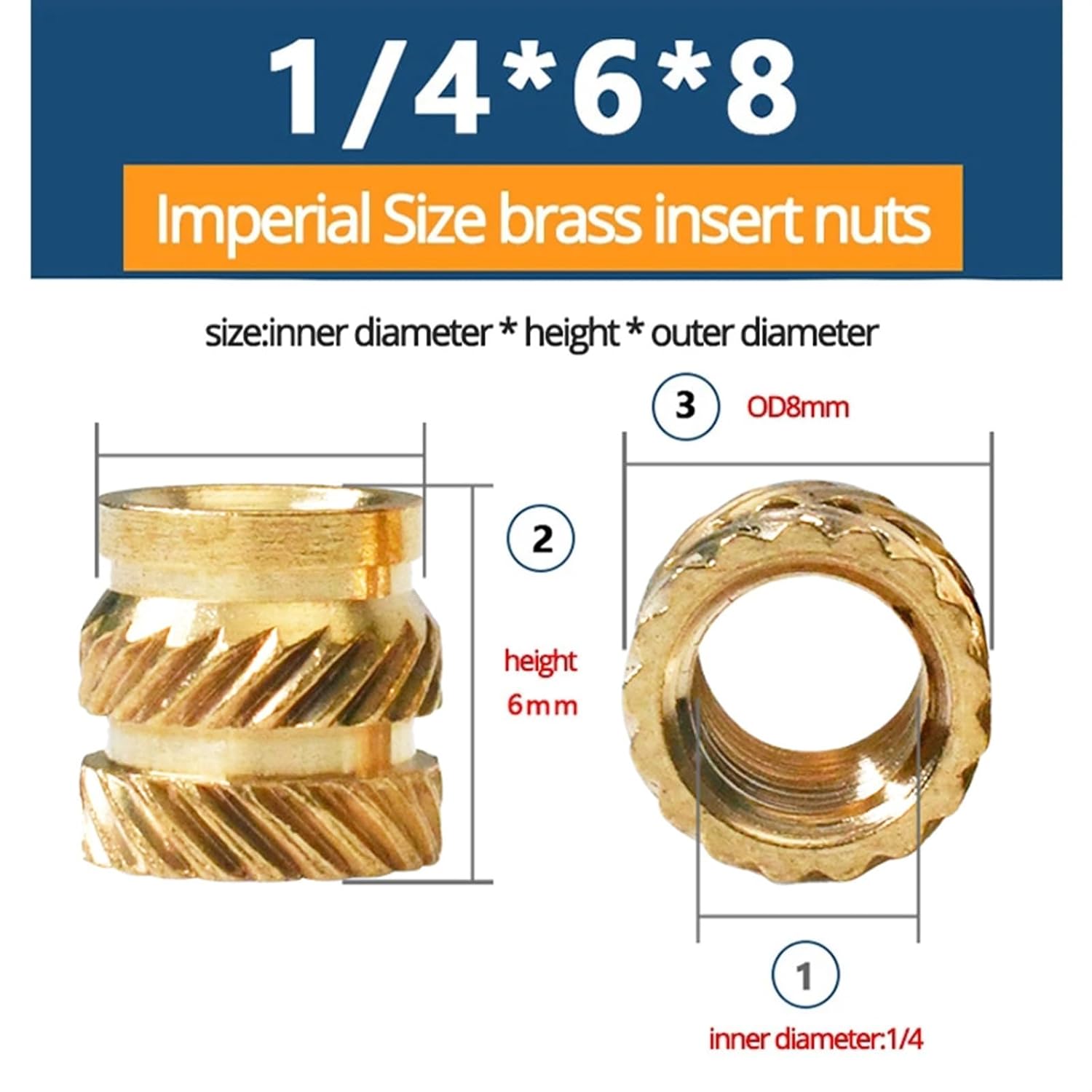 1/4-20 Inch Insert Brass Nut Imperial Size Heat Hot Melt Thread Knurled Double Twill Embedded Insertion Copper Nut(1I4-20x8x8(100pcs))