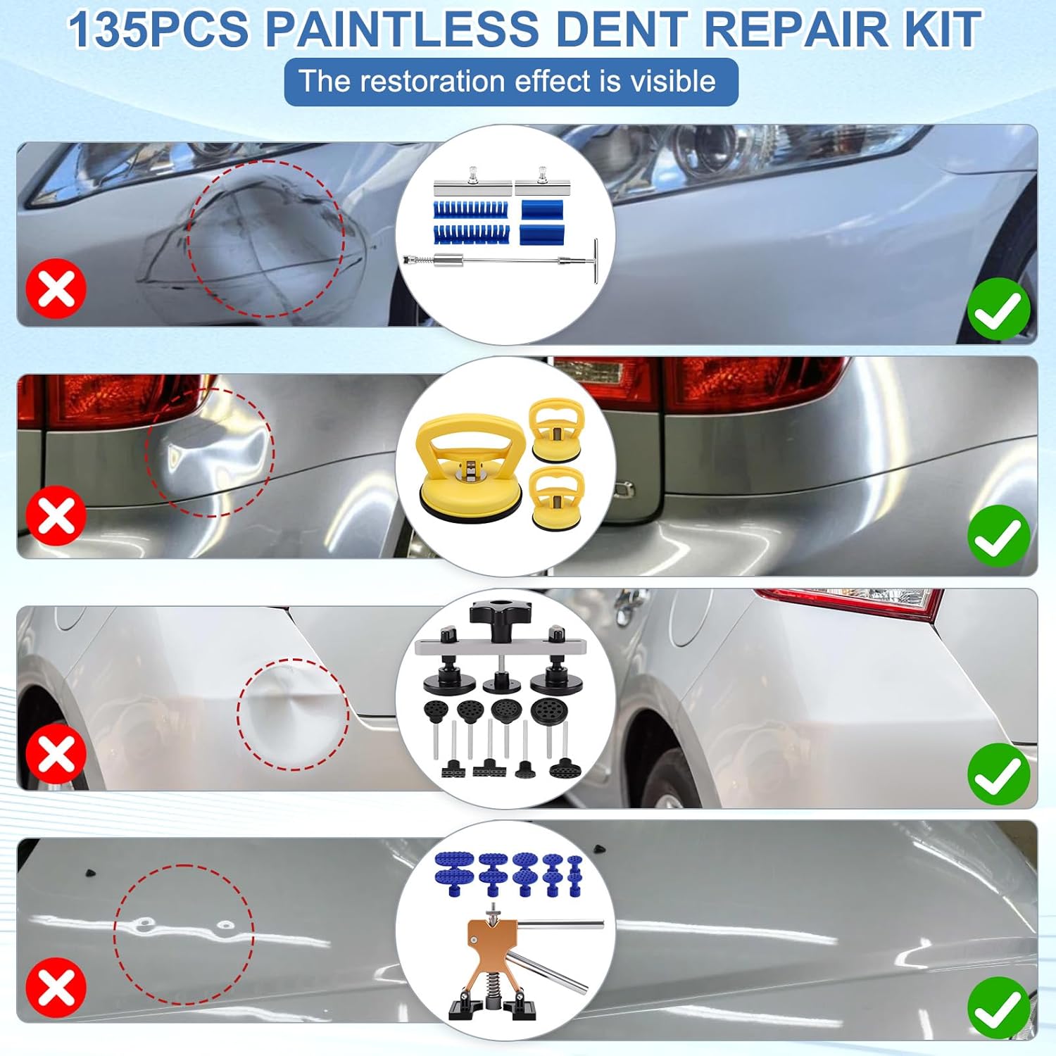 Dent Puller Hail Remover Kit 135pc Paintless Car Dent Puller Kit Pdr Kit 3 in 1 T-bar Slide Hammer& Bridge Puller & Lifter Hail Damage Repair Kit for Car Hail Damage Large Small Dent Fast Removal